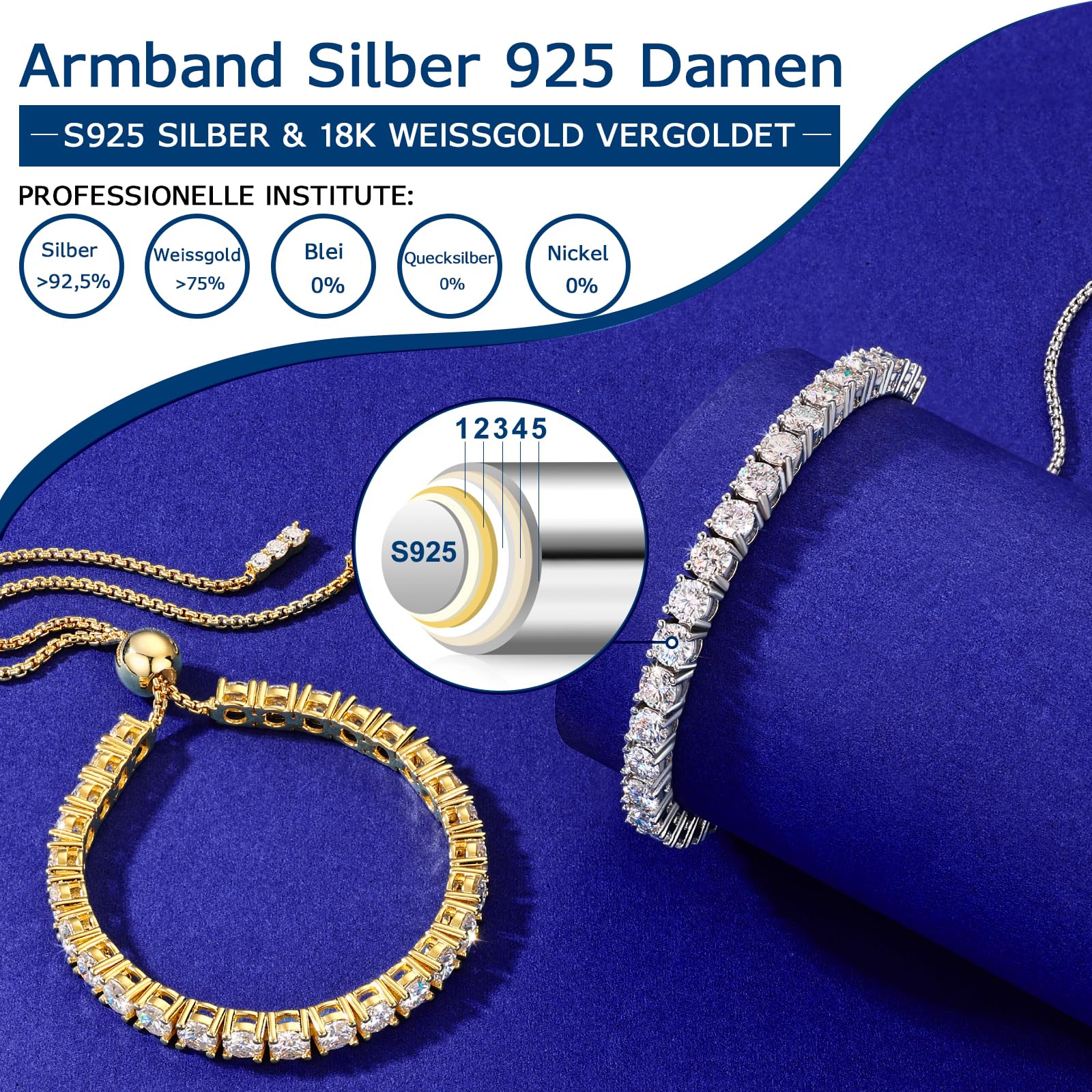 Armband Damen Moissanite Armband aus 925er Sterlingsilber Hypoallergen Längenverstellbar D-Farbe Reinheit VVS1 Geschenke für Frauen