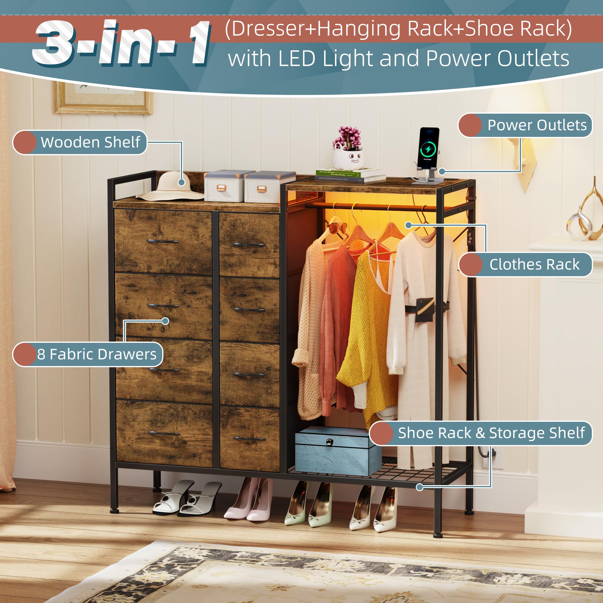 Cómoda de 8 cajones con perchero, cómoda LED con estación de carga, cómodas altas con zapatero para ropa y almacenamiento de zapatos, cómoda con parte superior de madera para dormitorio 2