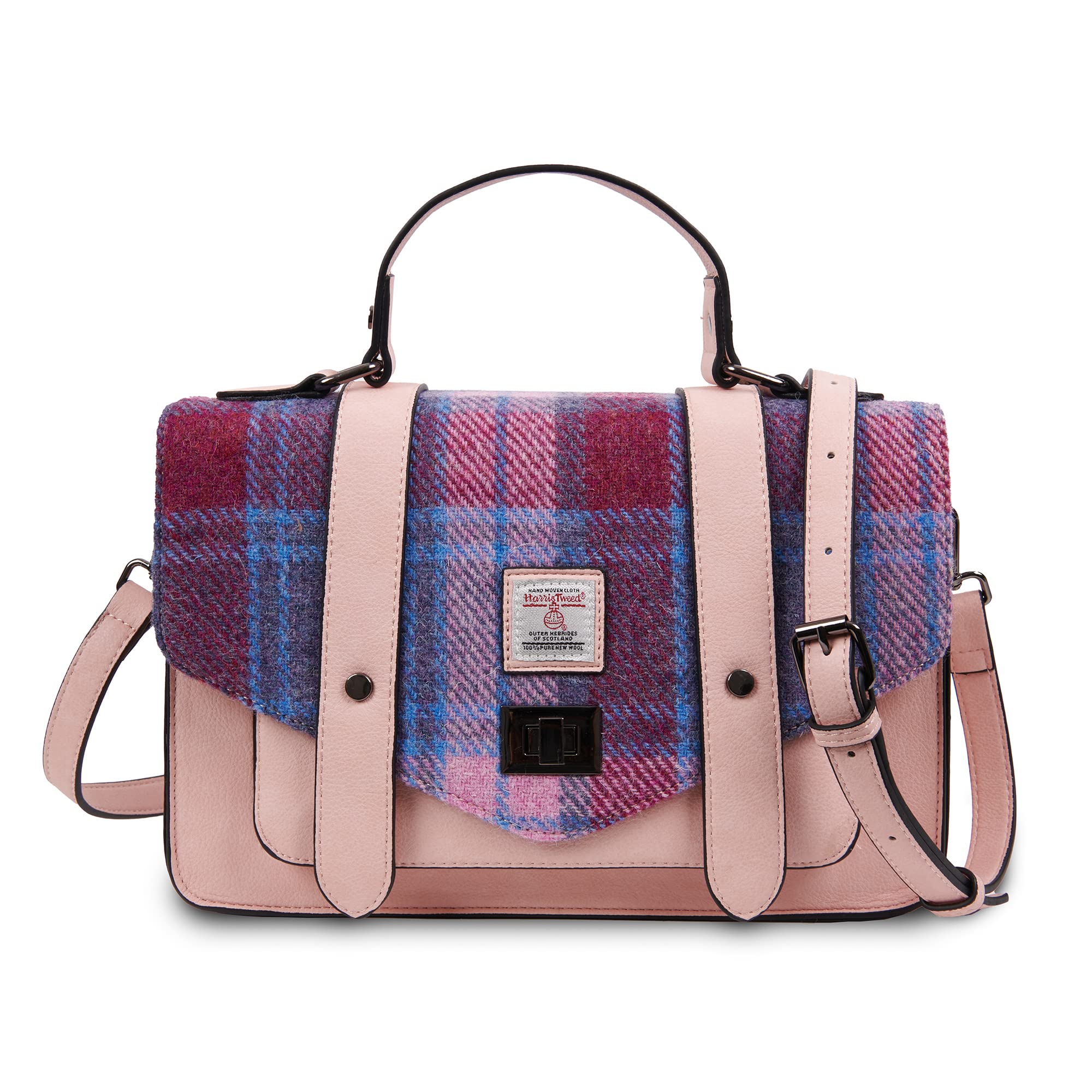 Harris Tweed Pink and Blue Tartan Large Satchel