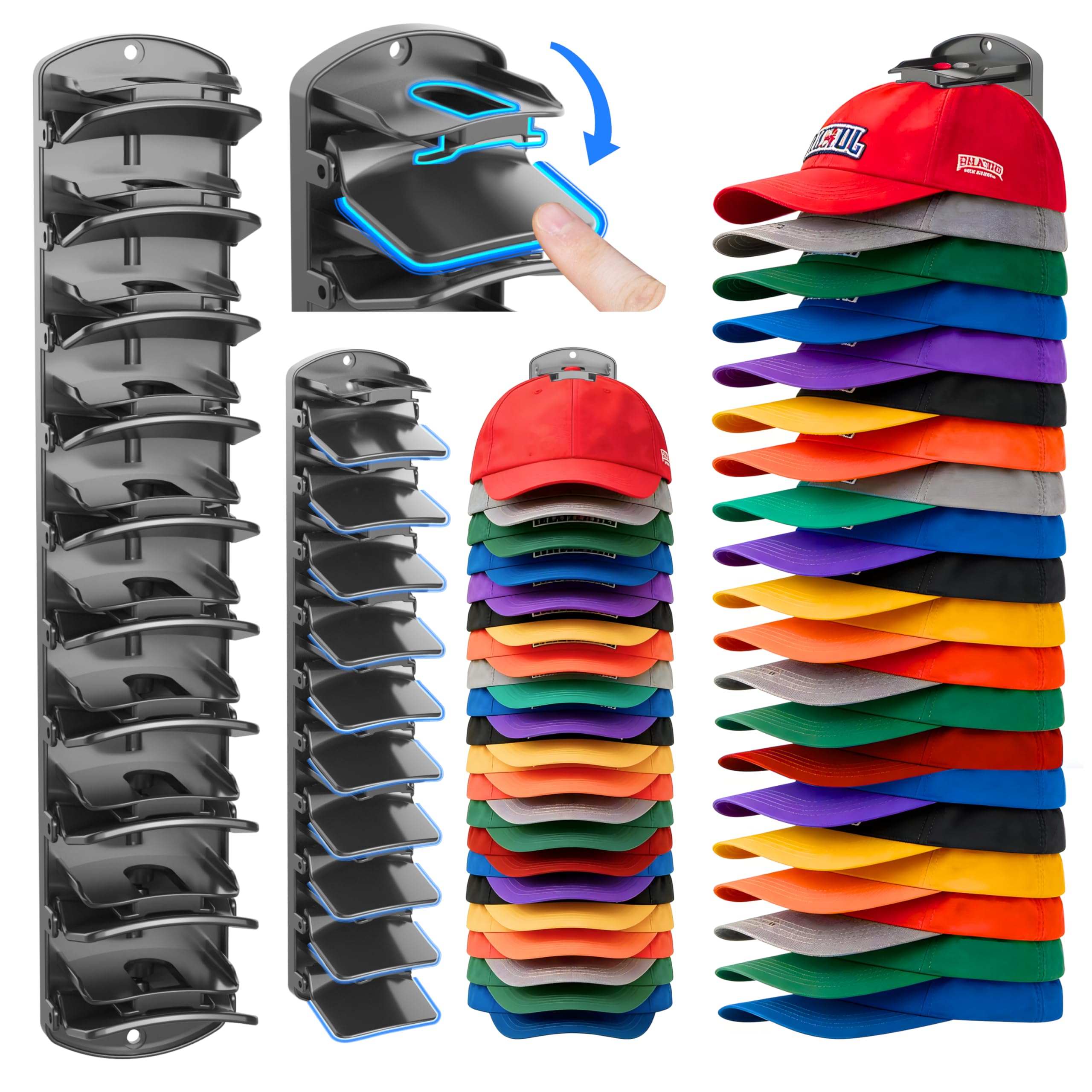 Double Capacity Hat Organizer for Baseball Caps 2 Packs - 40 Cap Storage with Spring Clips Wall Mount