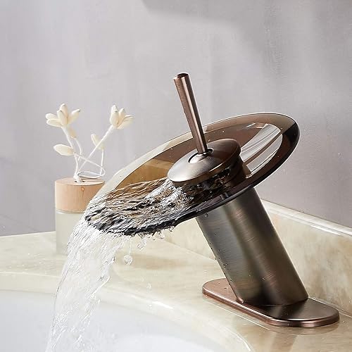 RODDEX Grifo de baño cascada de latón macizo de vidrio de una sola manija de un solo agujero lavabo lavabo grifo de baño, corto, bronce aceitado