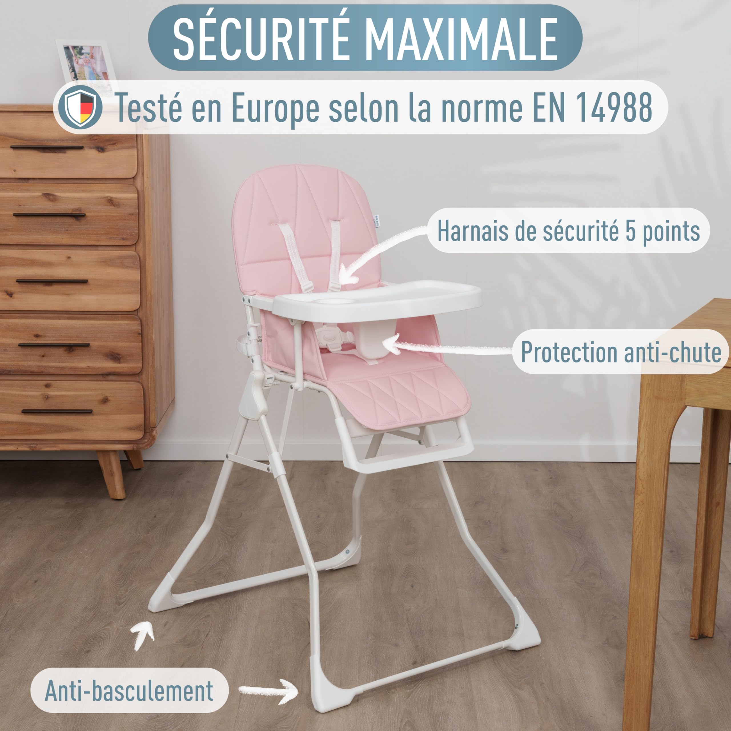 IB STYLE Siège bébé Leno - Chaise Haute pour Enfants, Léger (4,2 Kg) et Ultra Compact, Repose-Pieds, Réglable et Evolutive, Portable, Facile à Nettoyer, de 6 mois jusqu’à 3 ans (15 Kg), Rose
