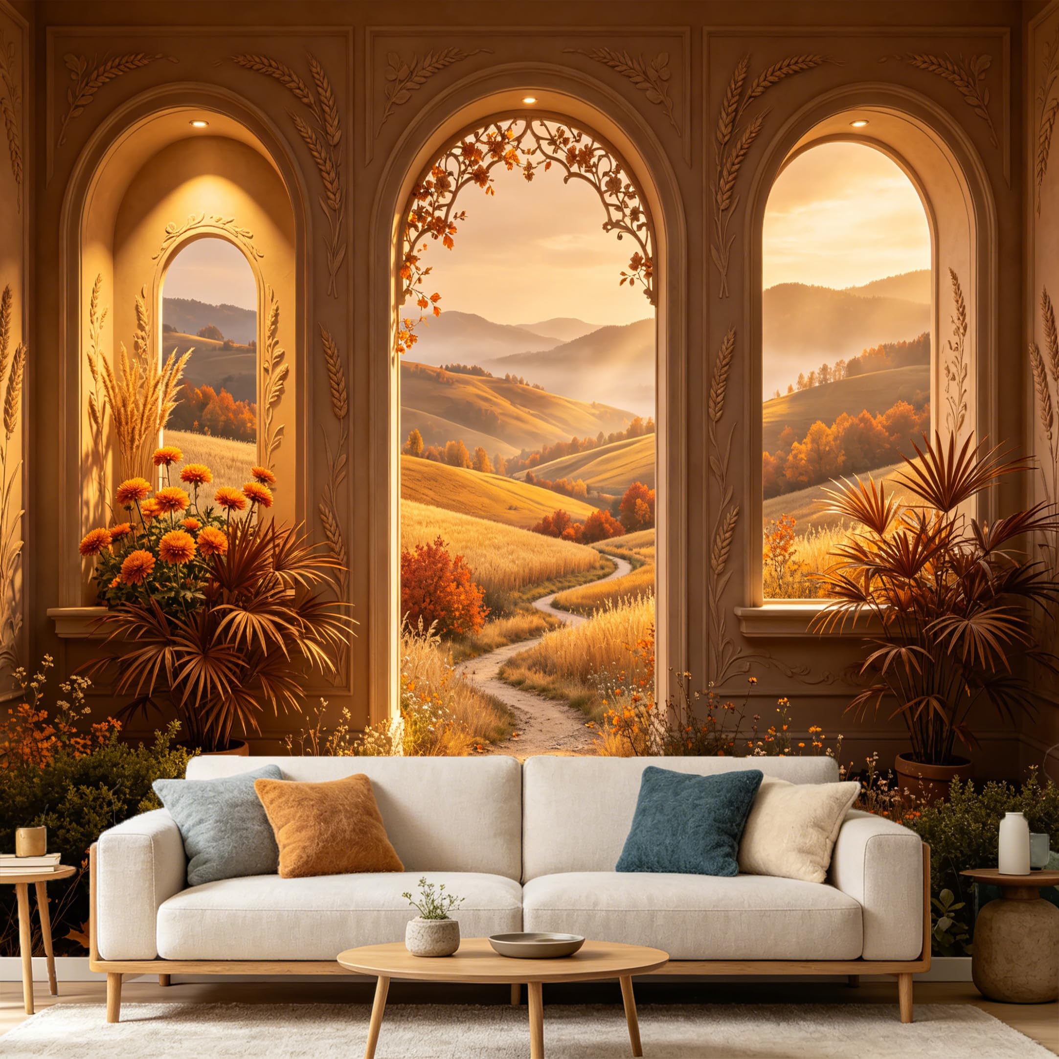 Custom Size Wall Mural， 3D Archway Tuscany Landscape Wheat Field Sunset， SelfAdhesive Art Prints wall Fabric Removable Large Wallpaper Home Living Room Decor
