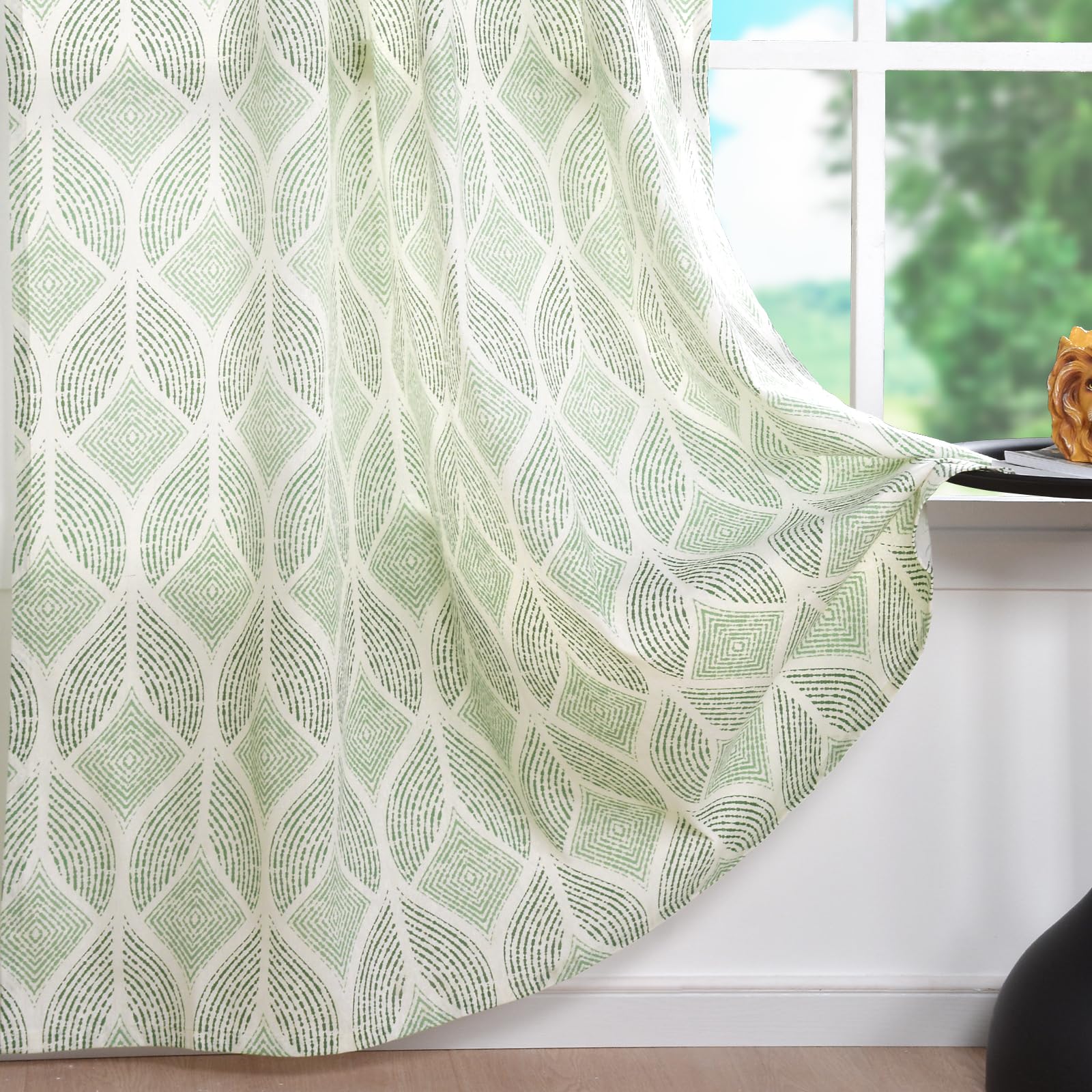 Sage Green Curtains for Living Room, 63 Inch Length Geometric Leaf Pattern Linen Curtains Light Filtering Printed Leaves Curtains Drapes for Dining Bedroom, 1 Panel