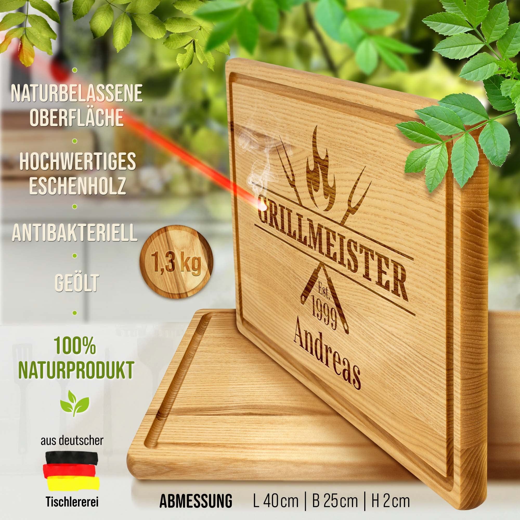 PR Print Royal Großes Holzbrett mit Gravur - Schneidebrett personalisiert mit Name und Jahr - Grillmeister est. - Geschenke für Grillfans | Eschenholz, 40 x 25 x 2 cm, personalisiertes Geschenk