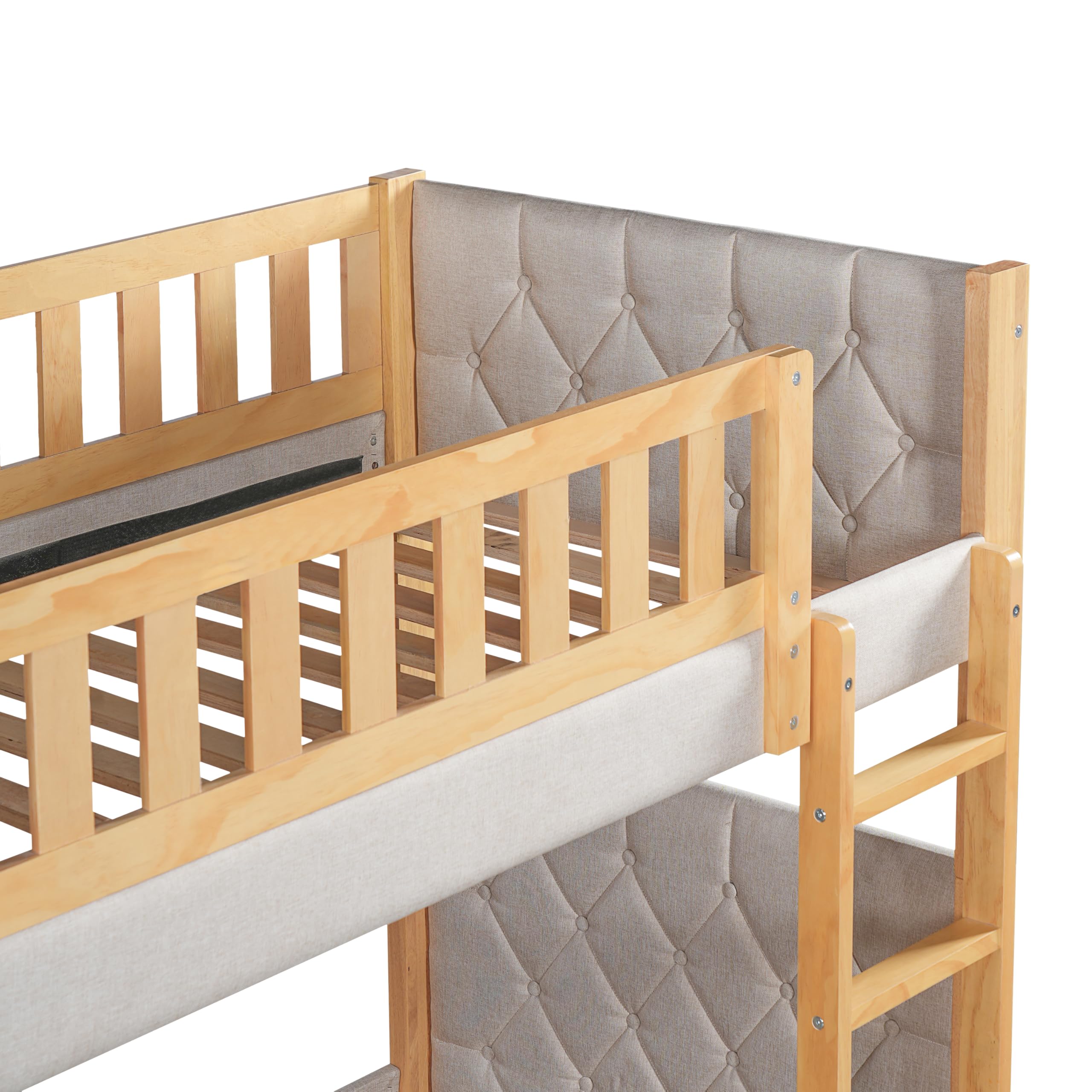 Etagenbett 90x200cm, Kinderbett mit Weiche Antikollisions-Schwammkante und Vierstufige Gerade Treppe, Stabile Lattenroste, Kautschukholz+MDF, Grau+Natur,Ohne Matratze