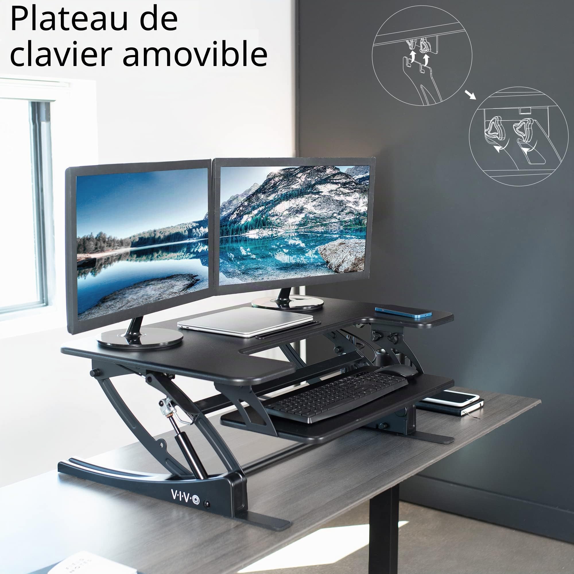 VIVO DESK-V000V Convertisseur de bureau debout réglable en hauteur 91 cm, série V, support de table à double écran, noir