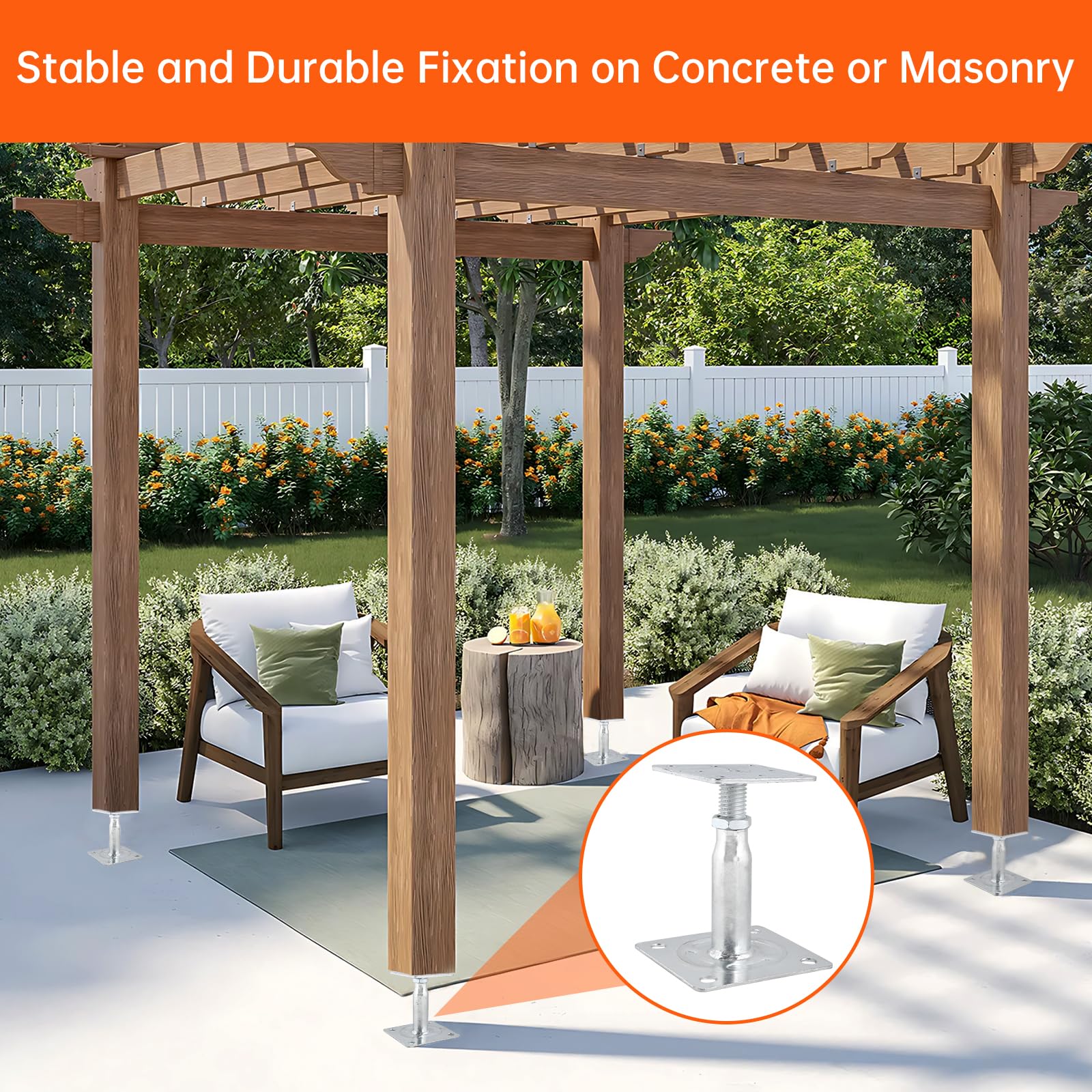 EXLECO 4pcs Supporti per Pali Regolabile in Altezza 100mm-150mm Piedini di Sostegno Acciaio Zincato Staffe Quadrate per Legno, Base di Cemento per Pali Recinzioni Pergola Gazebo Pensiline Terrazze
