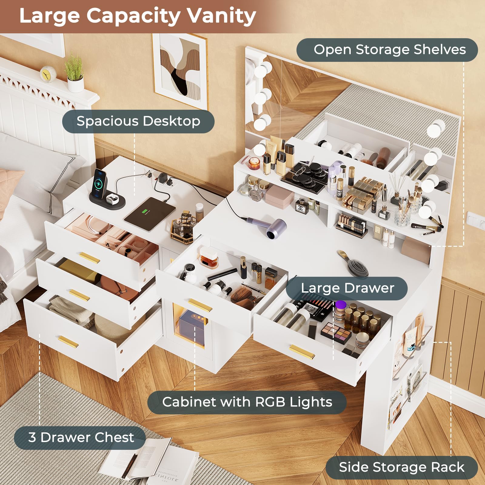 VIAGDO Makeup Vanity Desk with 3-Colors Lighted Mirror, White Vanity Table with Charging Station, 5 Drawers Makeup Desk Dressing Table with Storage Shelves for Bedroom Dressing Room