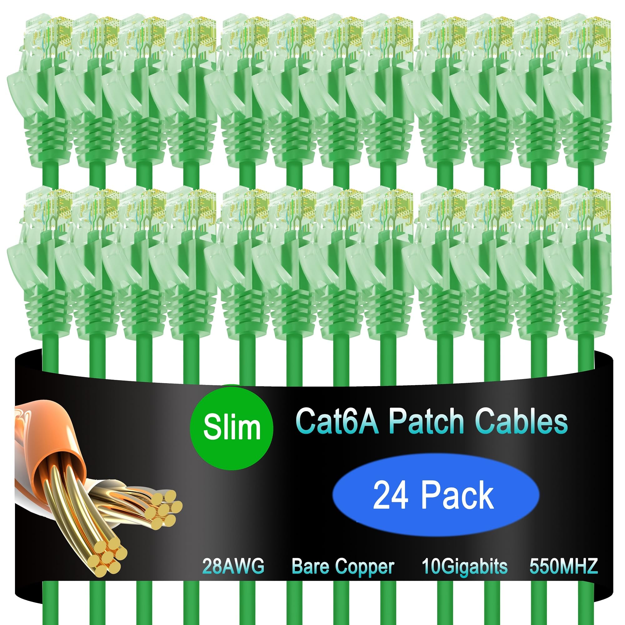 Cat6a Slim Ethernet Patch Cable 0.5 ft (24 Pack), Cat6a Patch Cable for Data Centers, Cat 6 Patch Cable 10G, Network Patch Cables for Home and Enterprise Network -Green