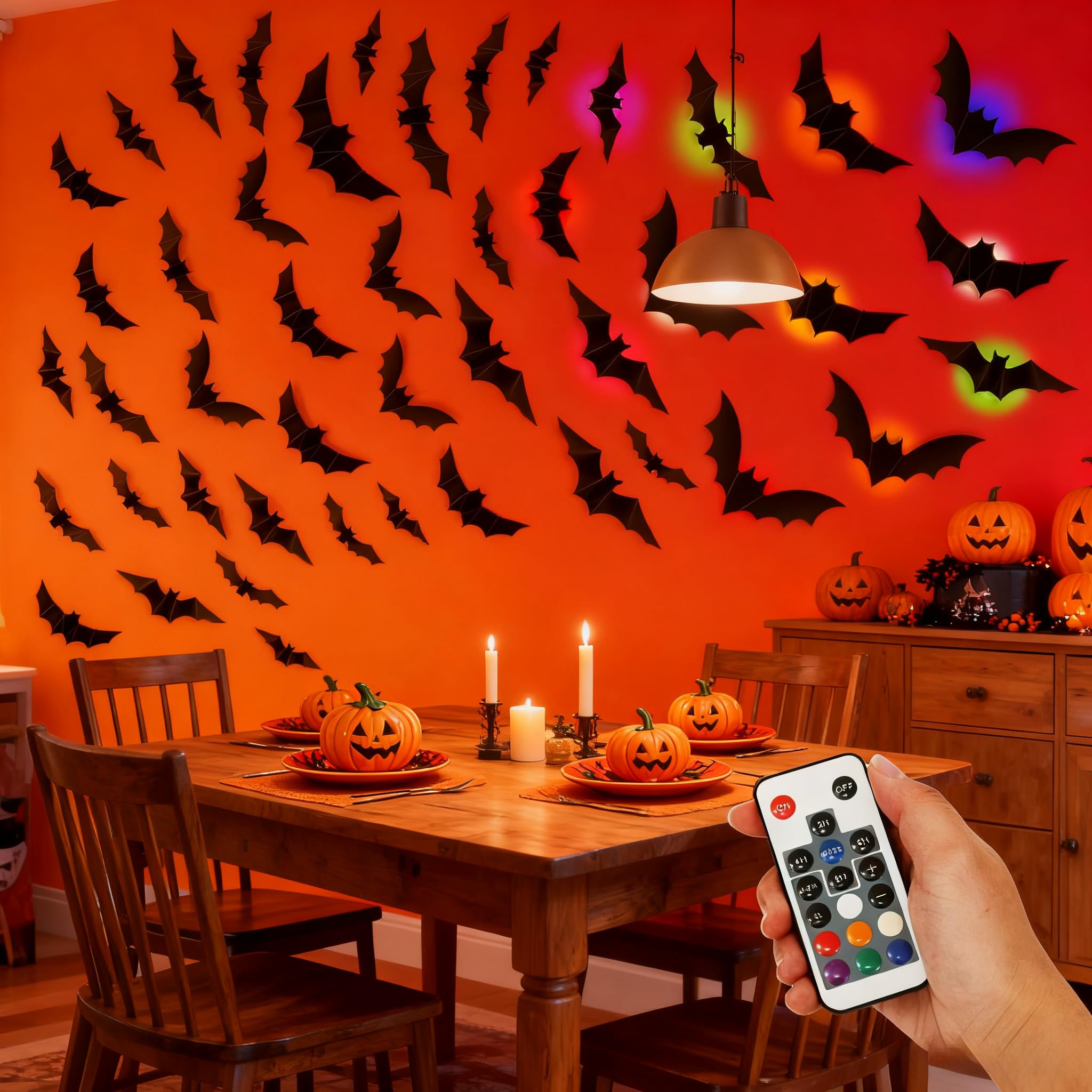 Halloween Decorations Indoor, 24 Bats & 12 LED Lights 3D LED Bats Halloween Decorations Lights with Remote Timer, PVC Window Wall Decoration for Indoor and Outdoor Party
