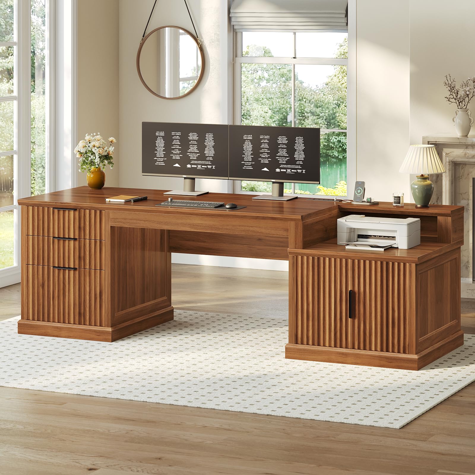 SEDETA 70.9" Executive Desk, Fluted Office Desk with Drawers, Brown