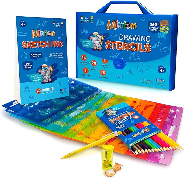 Mimtom Drawing Stencils for Kids and Boys | 51 PC Arts and Crafts Stencil Kit with Over 240 Creative Shapes to Unleash Your Child's World of Imagination | Kid-Safe Fun Activity Toy for Ages 4 and Up