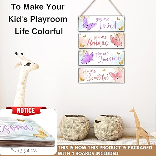 Miniatura 3 de 4 piezas de decoración bohemia de arcoíris para habitación de niñas, 11.8 x 3.9 pulgadas, diseño de mariposas bohemias, letrero de madera, arte de