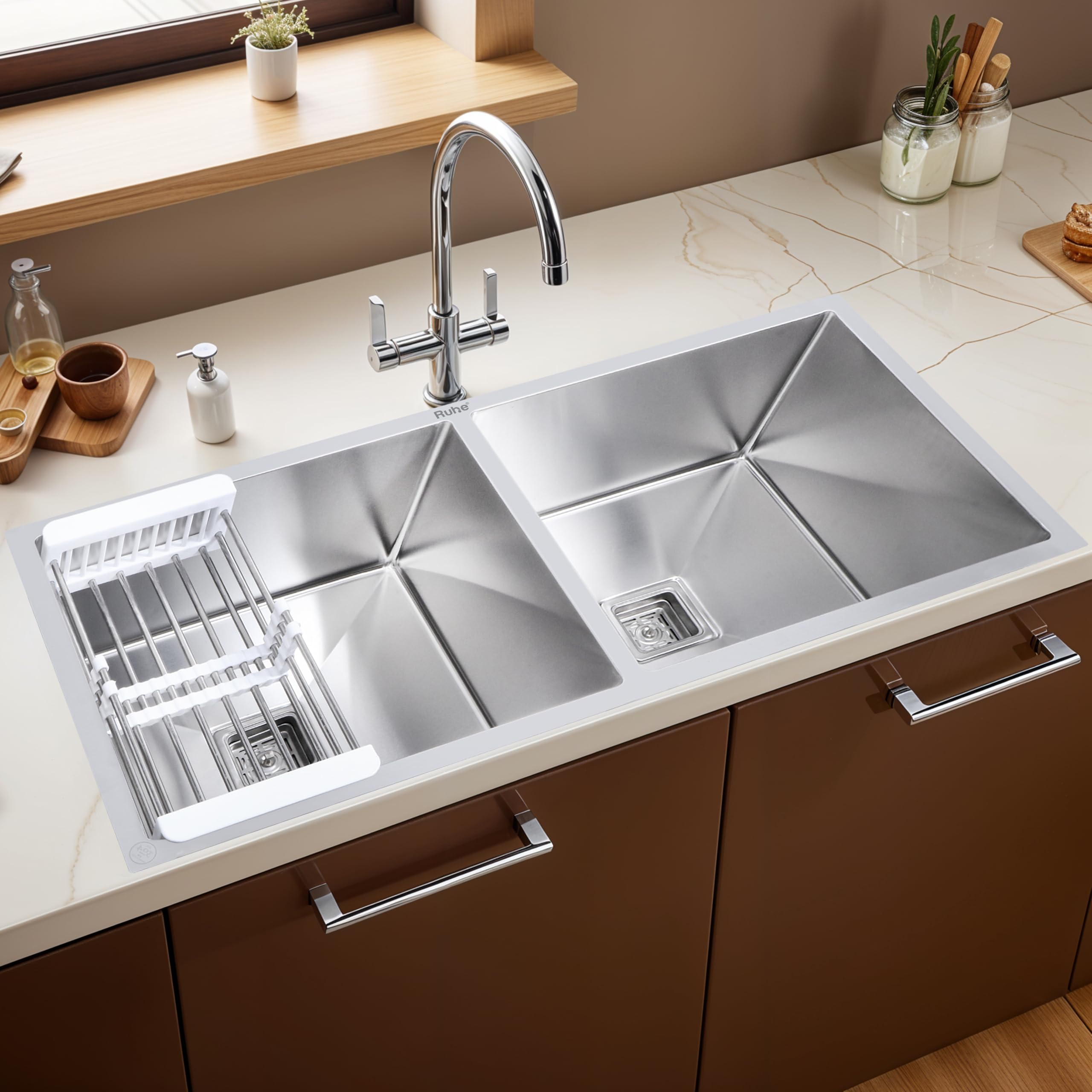 Ruhe® Handmade Exclusive Double Bowl 45 x 20 x 10 inches Kitchen Sink | Premium Stainless Steel Sink with Brushed Matte Finish | Including Strainer-Basket/Sink Coupling/Waste Pipe- Grey (B0B3DNJYC7) Amazon Price History, Amazon Price Tracker