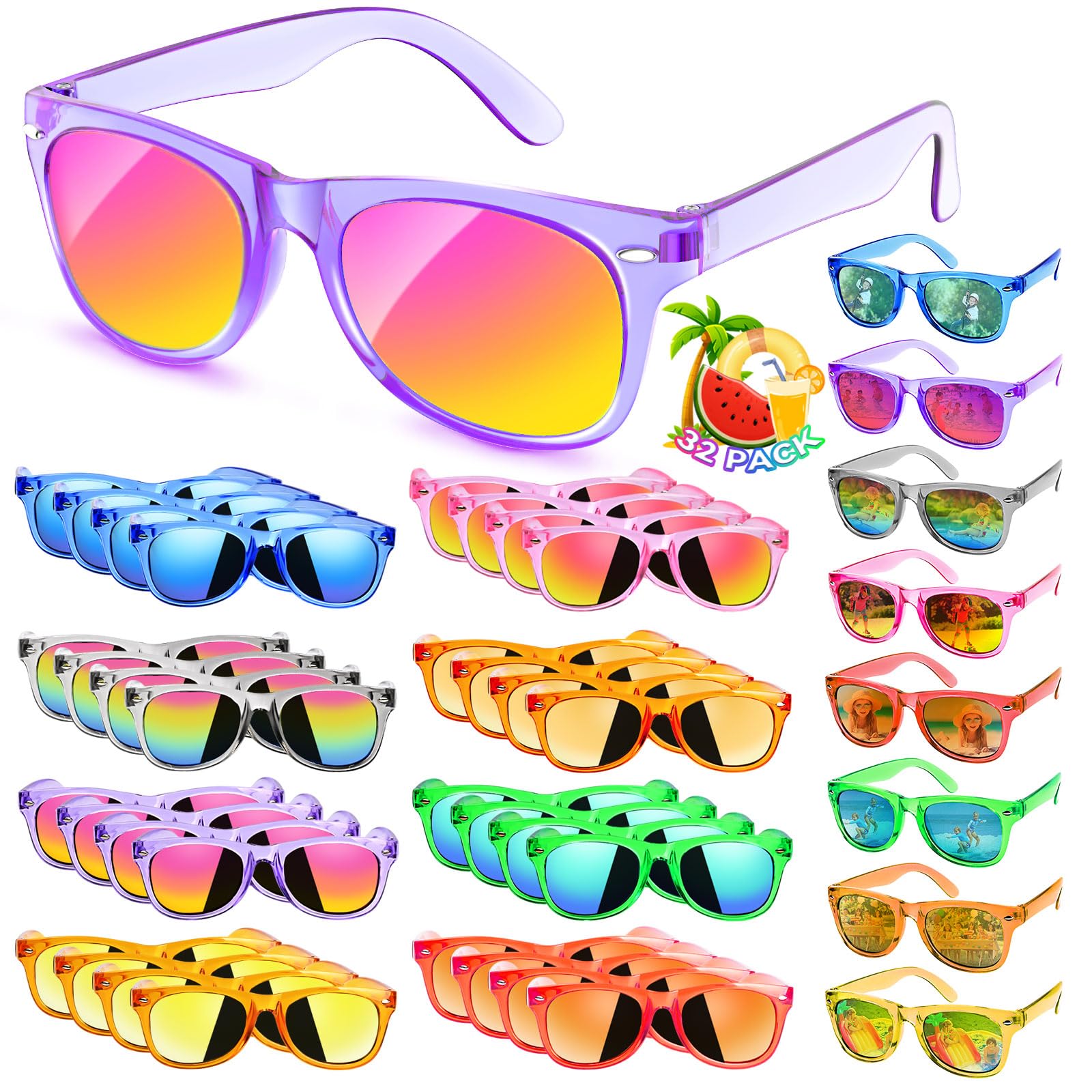 Kids Sunglasses Party Favors Bulk - 32Packs Goodie Bags Stuffers for Kids 3-8, Boys Girls Neon Sunglass with UV 400 Protection for Kid Birthday Party, Pool Party Supplies, End of Year Student Gifts