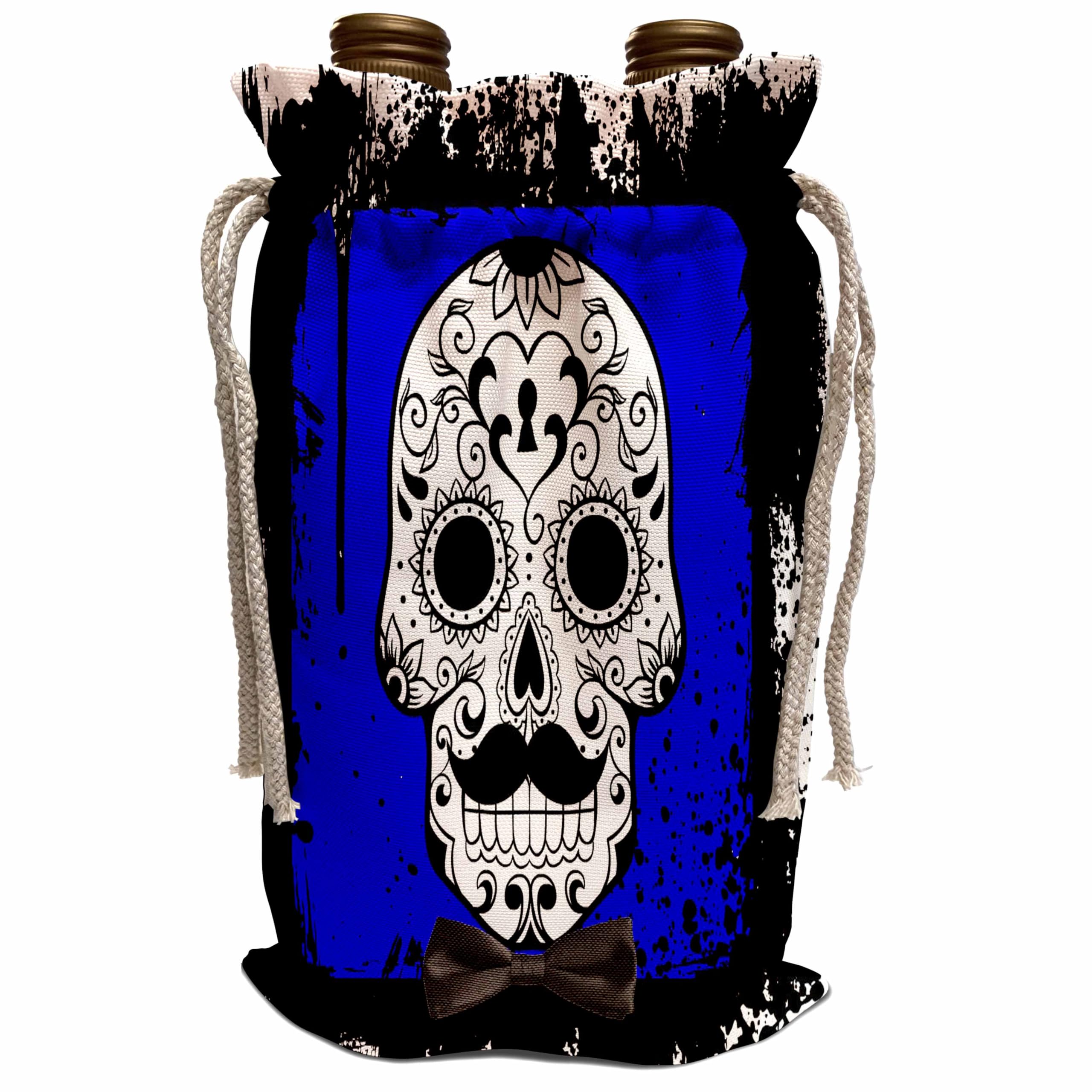 Wine Bag - Day of the Dead. Mustache. Bow tie. Unique design. Sugar Skull