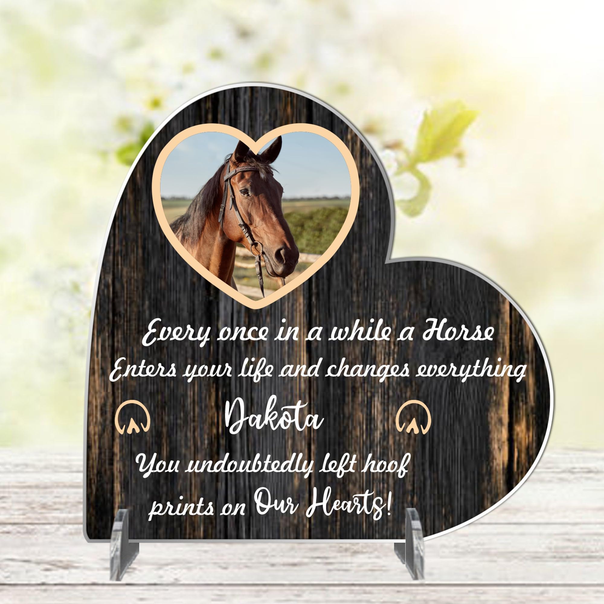 Personalised Horse Memorial Plaque – 'Hoof Prints in Our Hearts' – Available in MDF or Acrylic, Sizes Small to Large (Acrylic 13.5cm x 13.5cm, Brown)