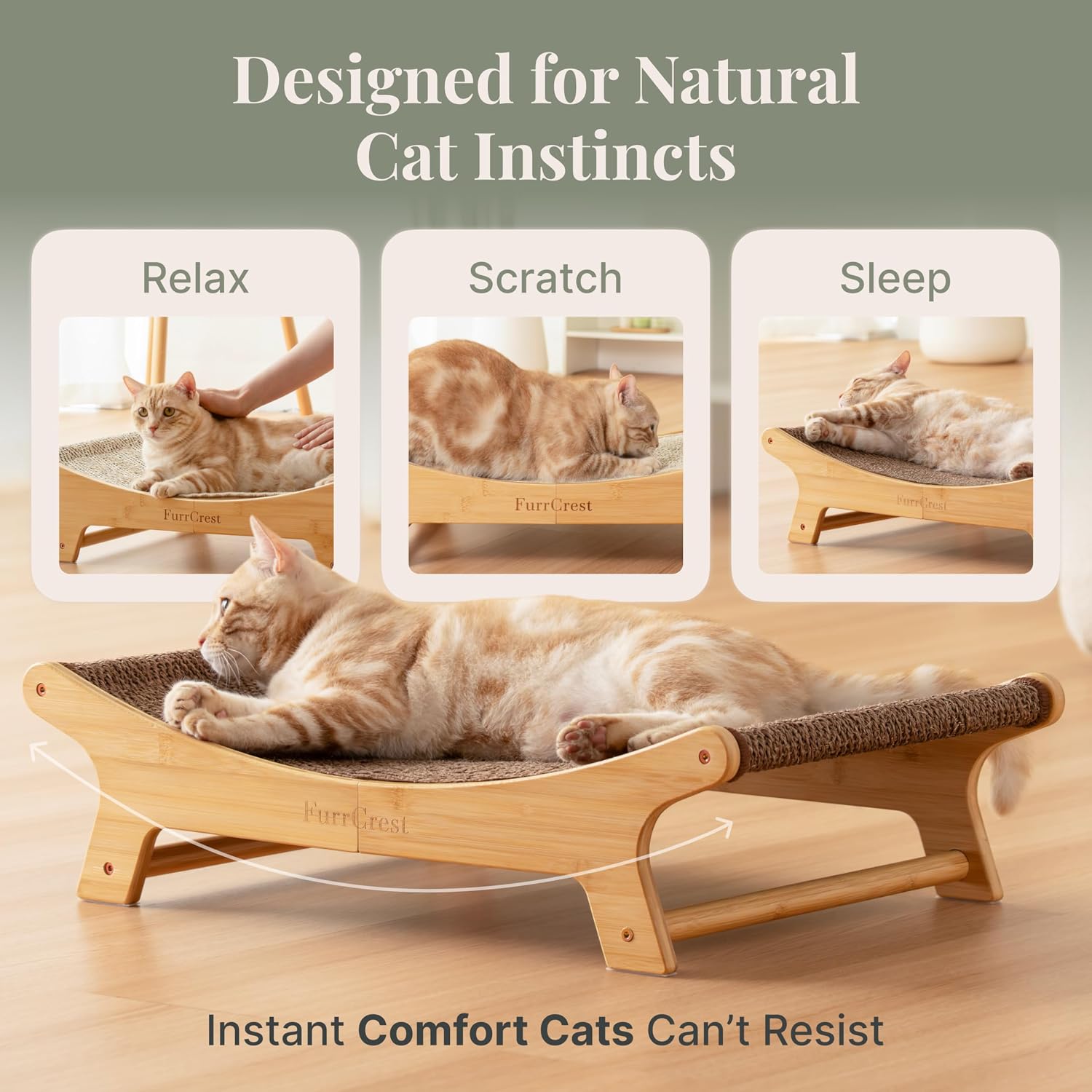 XL Sisal Cat Scratcher Bed with Elevated Hammock for Indoor Cats, Replaceable Natural Sisal Pad, Large Cat Lounge, Anti-Slip No-Wobble Bamboo Frame, Dark Brown Chevron