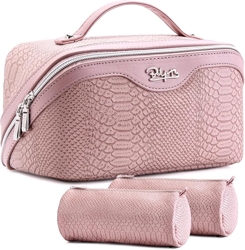 Necessaire de maquiagem BOYATU portátil com divisórias, alça e zíper, couro sintético, rosa, conjunto com 3