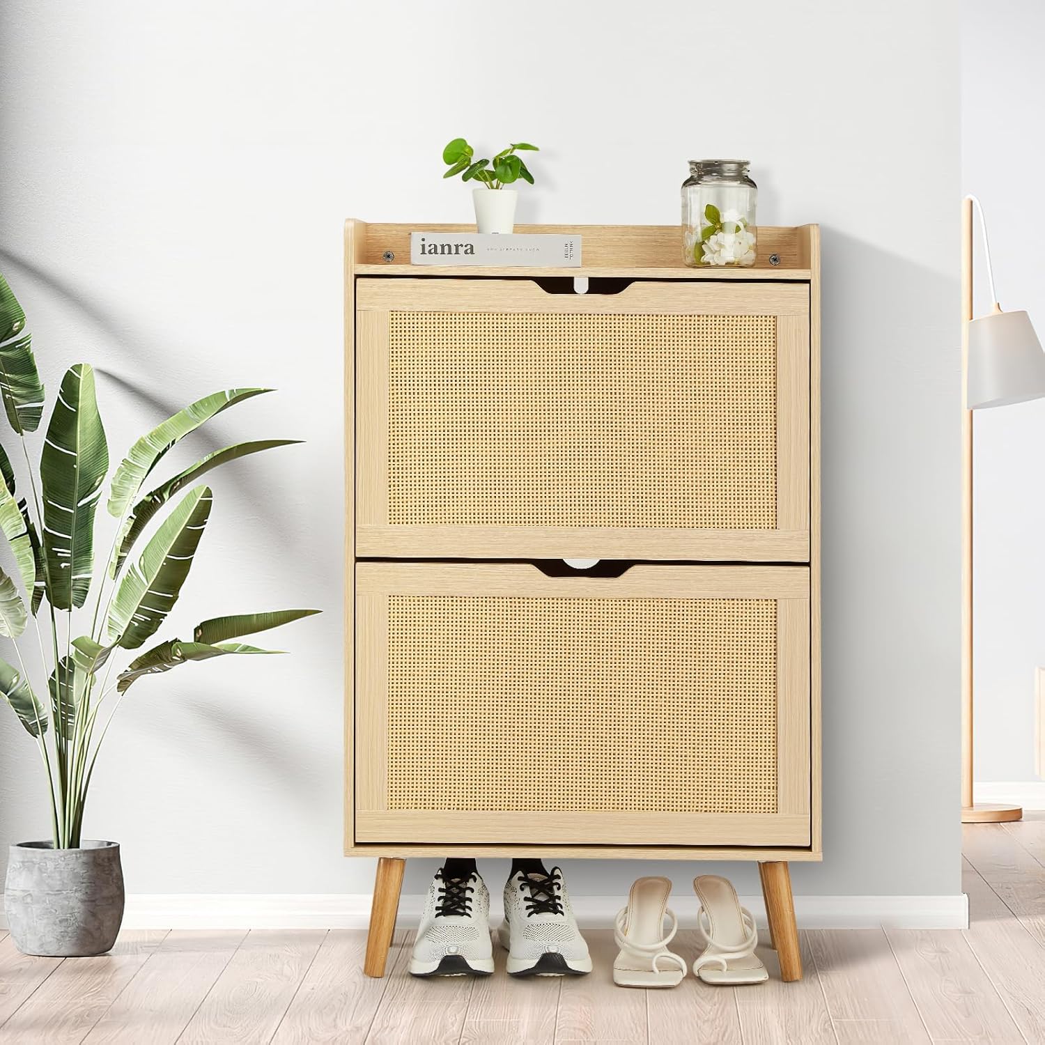 Natural Woven Rattan 2-Tier Shoe Cabinet, Narrow 9.25-Inch Depth with Flip-Drawers & Anti-Tip Design, Holds 12-18 Pairs, Ideal for Entryway, Hallway, Bedroom, Closet, and Living Room