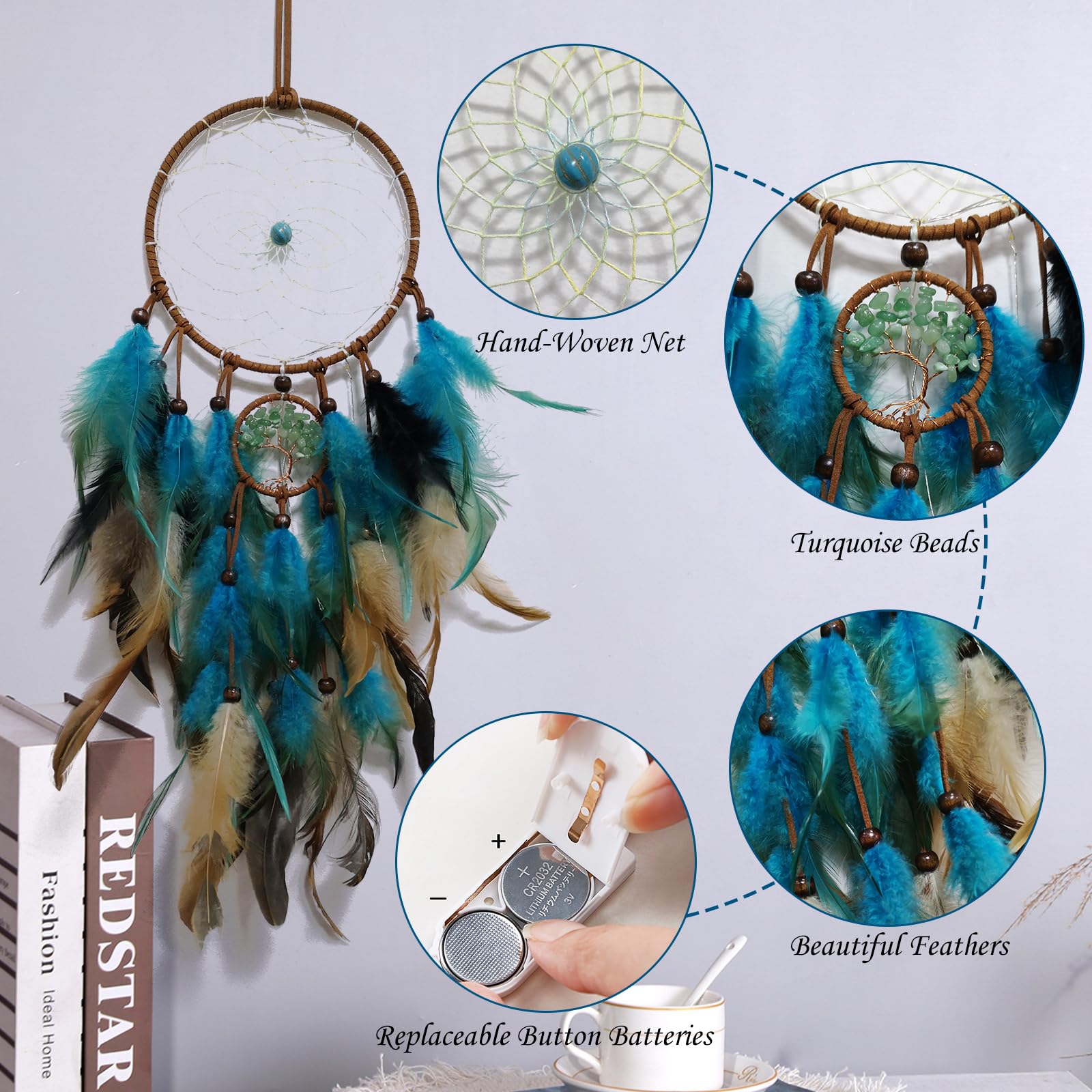 Attrape De Rêves LED, Faite Main Capteur De Rêves En Plumes Lumineux
