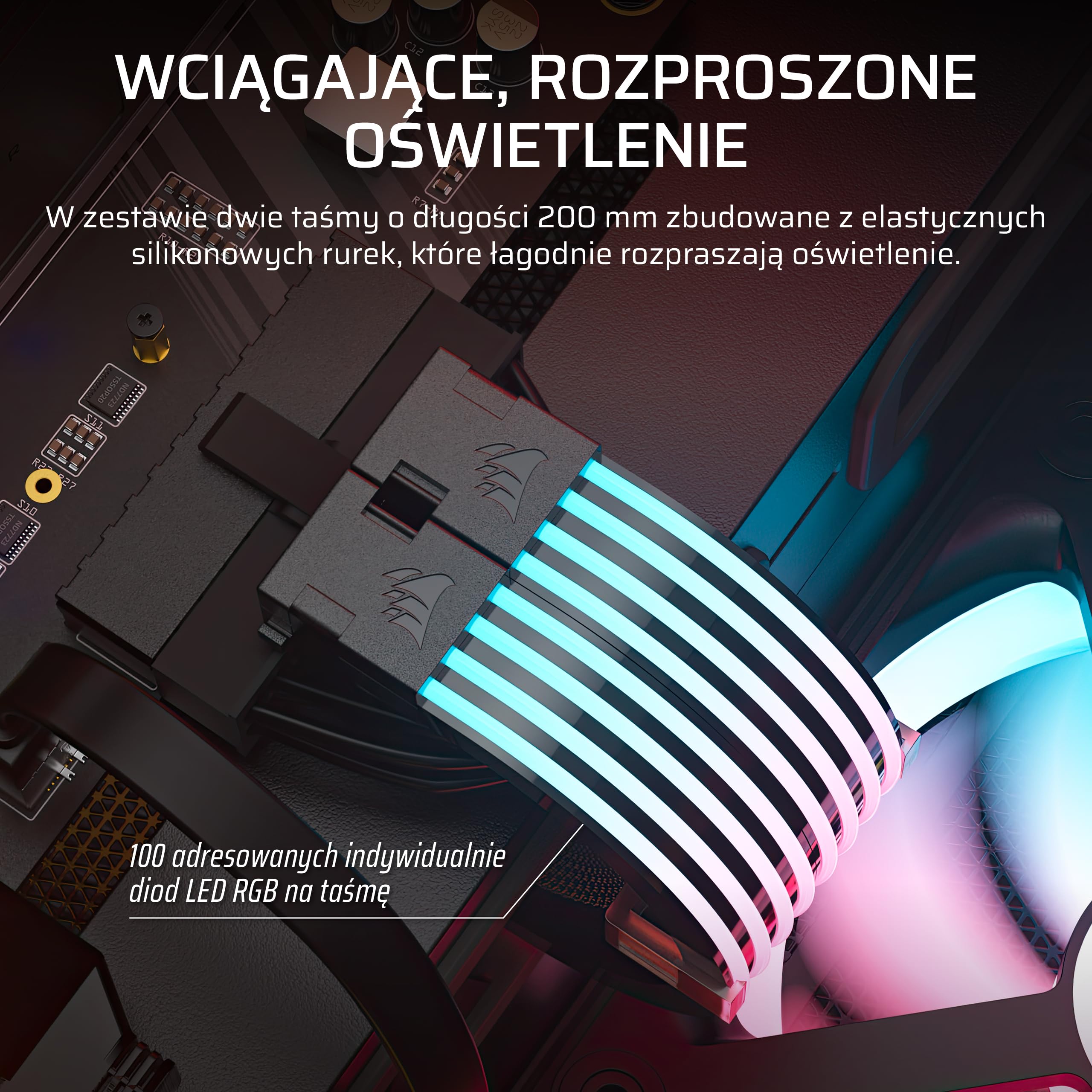 CORSAIR iCUE ARGB Paski Kablowe Do Zasilacza – 2 Paski LED 200 mm – 100 Diod LED RGB Na Pasek – Pasują Do Każdego Babla Zasilacza – Sterowanie ARGB 5 V Na Płycie Głównej – Czarny
