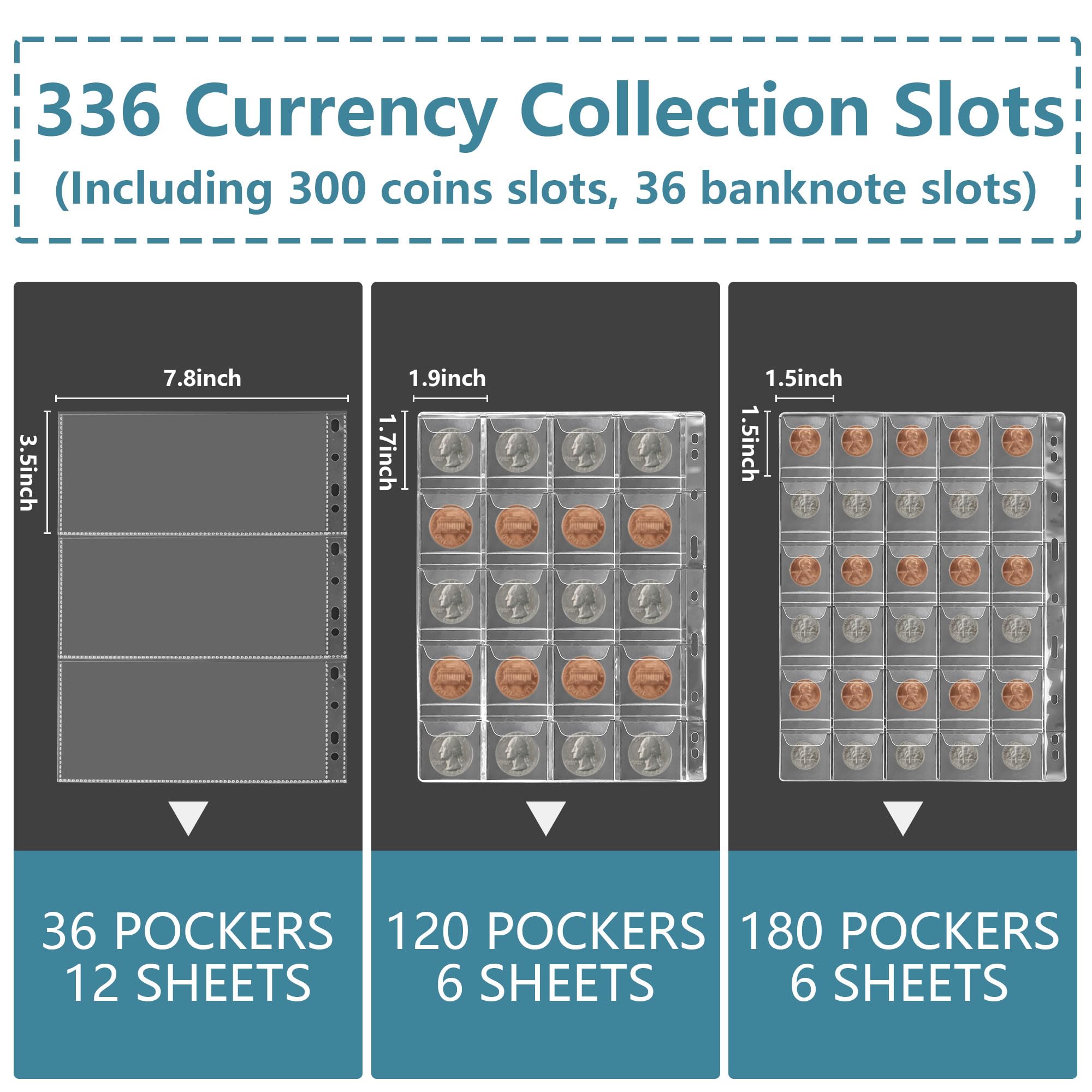 Soporte para libros de colección de monedas para coleccionistas, álbum de monedas ignífugas de 300 bolsillos y 36 fundas de carpeta de monedas de papel, organizador de monedas para billetes, centavos,