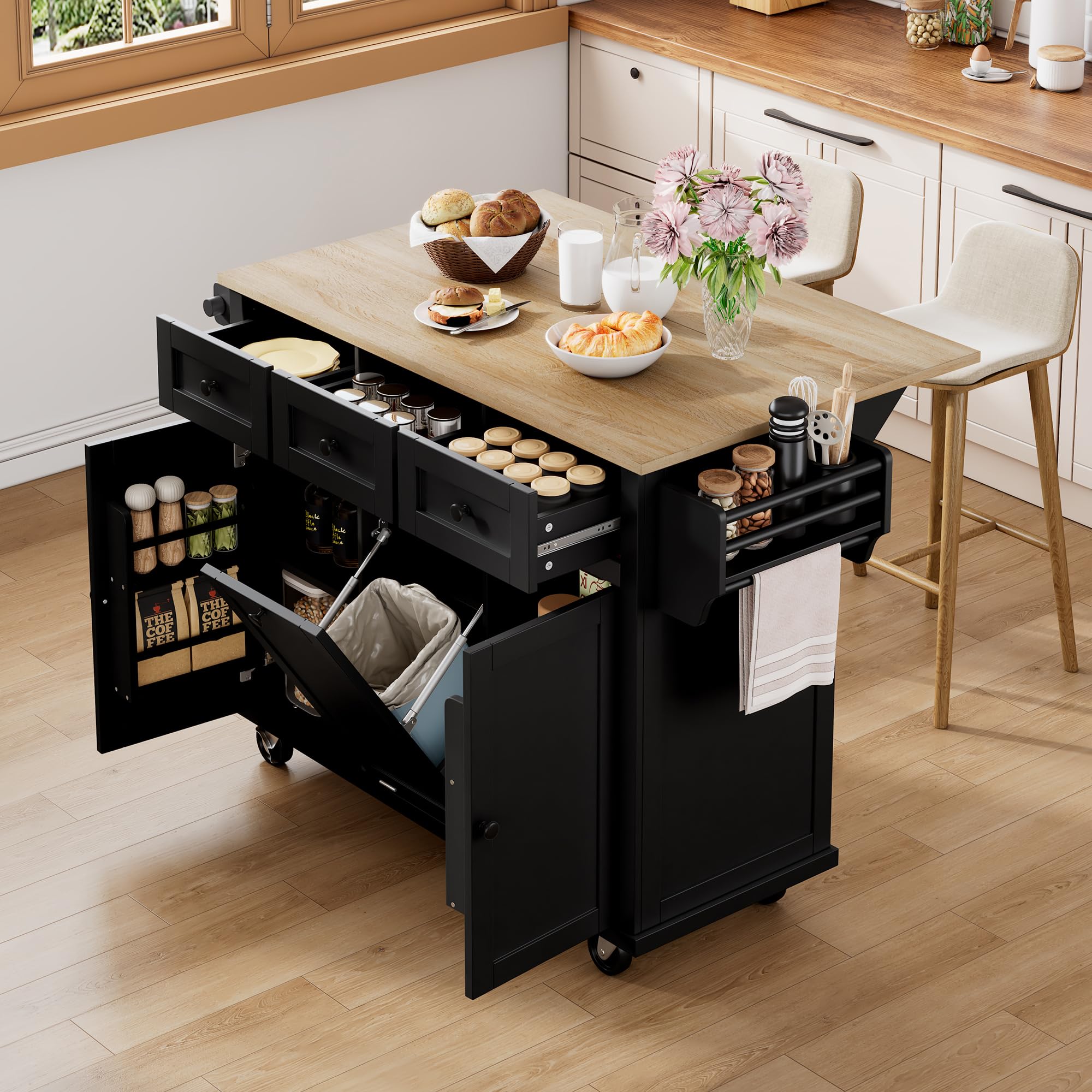 Carrello da cucina nero con ruote espandibile Isola da pranzo Cestino della spazzatura Spazio Cassetti Portaspezie laterale & Porta asciugamani – Soluzione versatile per riporre e riporre oggetti da