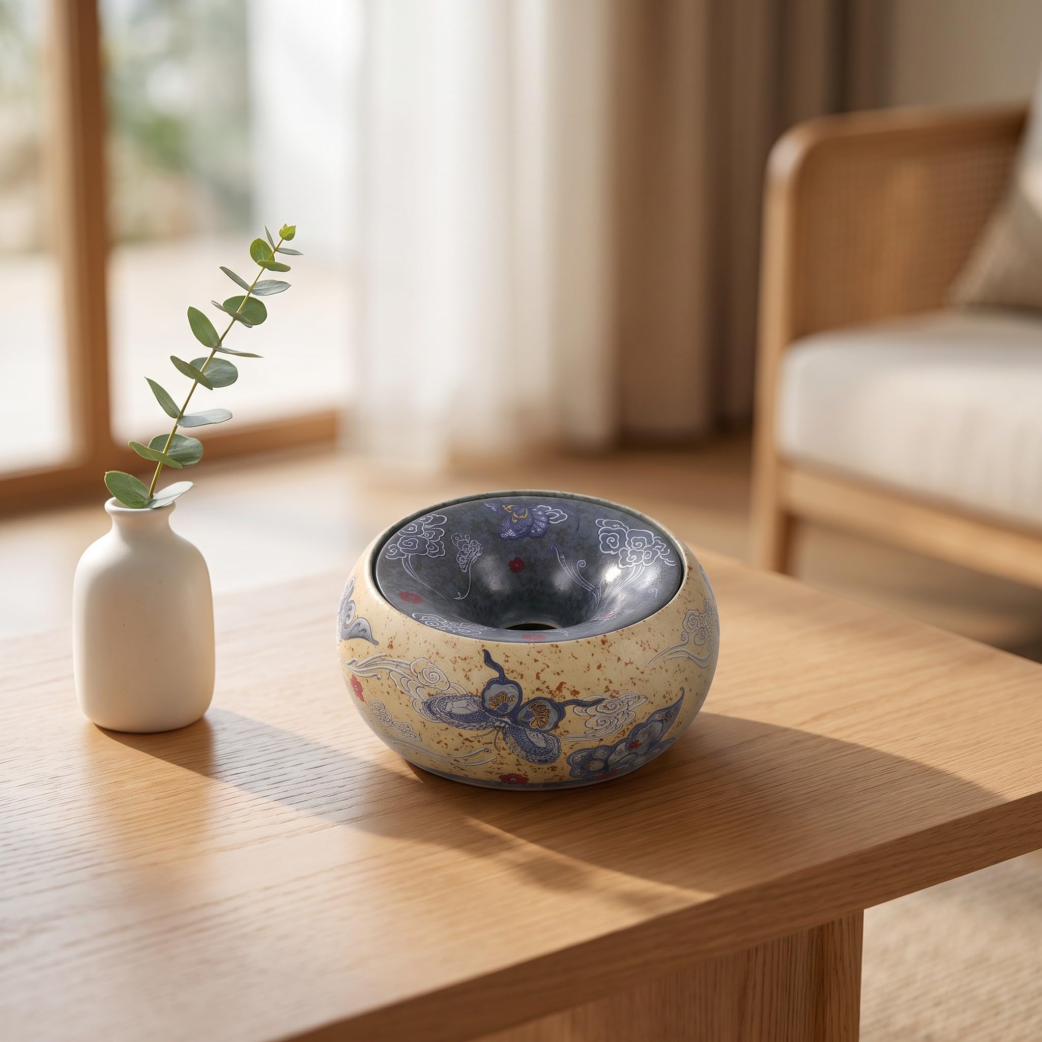 Artibetter Posacenere a imbuto in ceramica in stile retrò - Posacenere da tavolo per sigari resistente alle intemperie con motivo orientale - Portacenere rotondo da 14 cm per scrivania, ufficio e