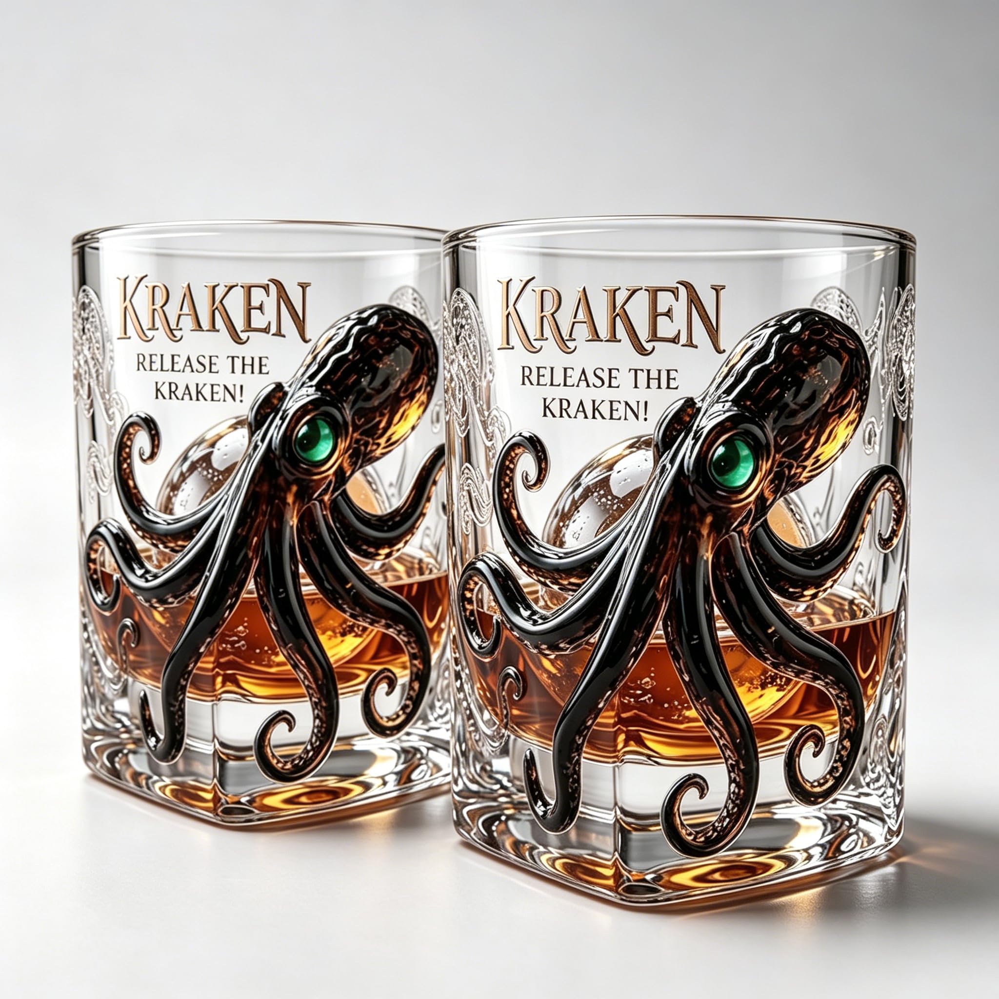 Kraken Rum Glass, Octopus Sea Monster Whiskey Tumbler with Embossed Tentacle Design, Nautical Pirate Bar Decor Rocks Glass for Bourbon Scotch Cocktail, Gift for Men Dad Husband（2PS）