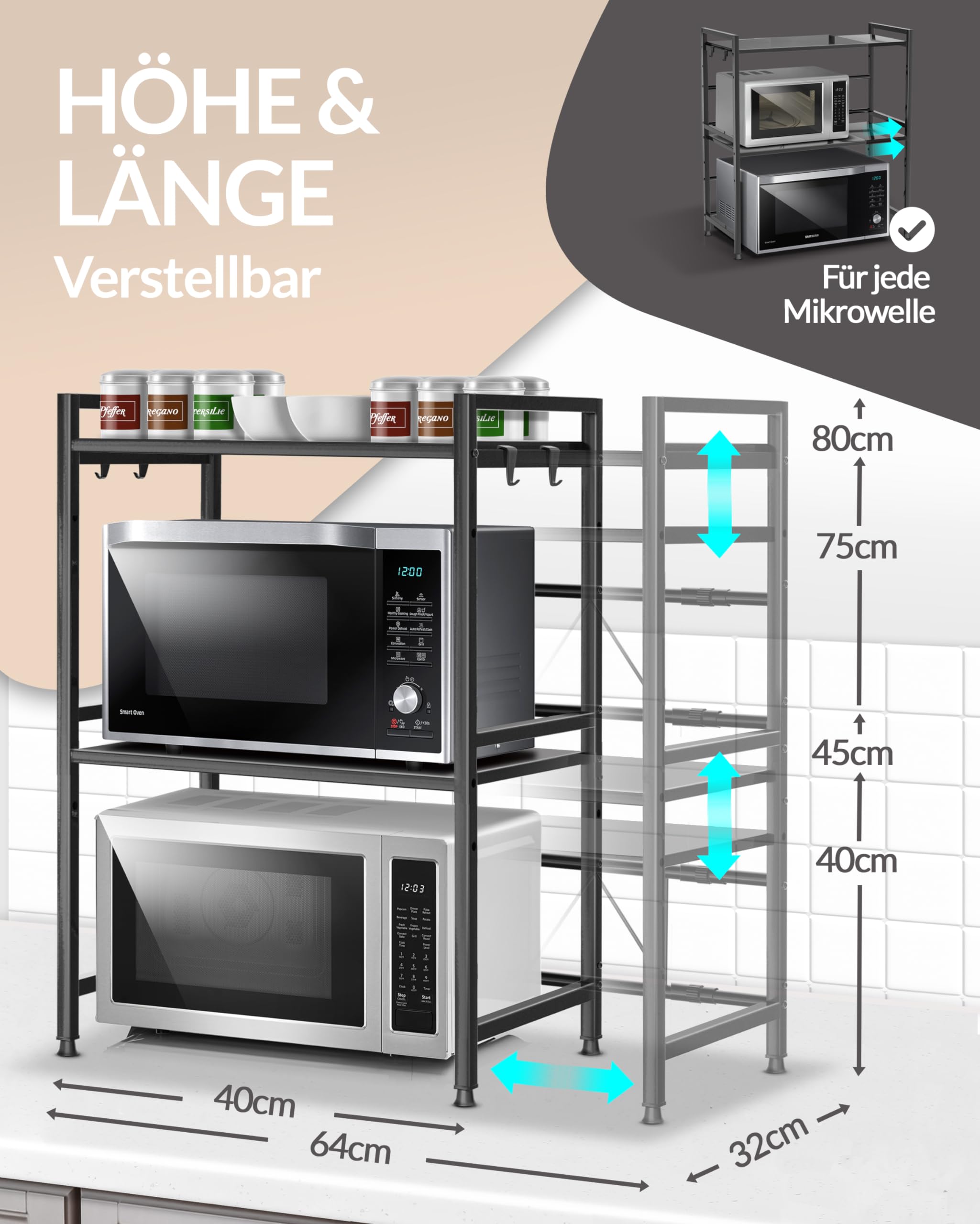 Heldenwunder Mikrowellenregal Küchenregal stehend Stahl (3-stufig) | Mikrowellen Regal Mikrowellenschrank | Vorratsregal Bäckerregal höhen & längenverstellbare Ablage + Videoanleitung, Haken - Schwarz