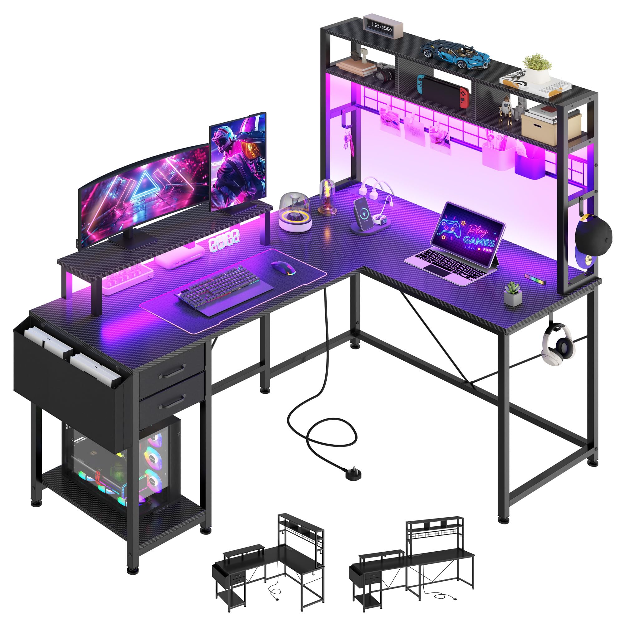YITAHOME Gaming Tisch L Form mit Steckdosen & LED-Lichter, 150 x 100 x 150 cm Schreibtisch mit Monitorständer, Reversibler Eckschreibtisch mit Regalen, Computertisch für Home Office, Schwarz