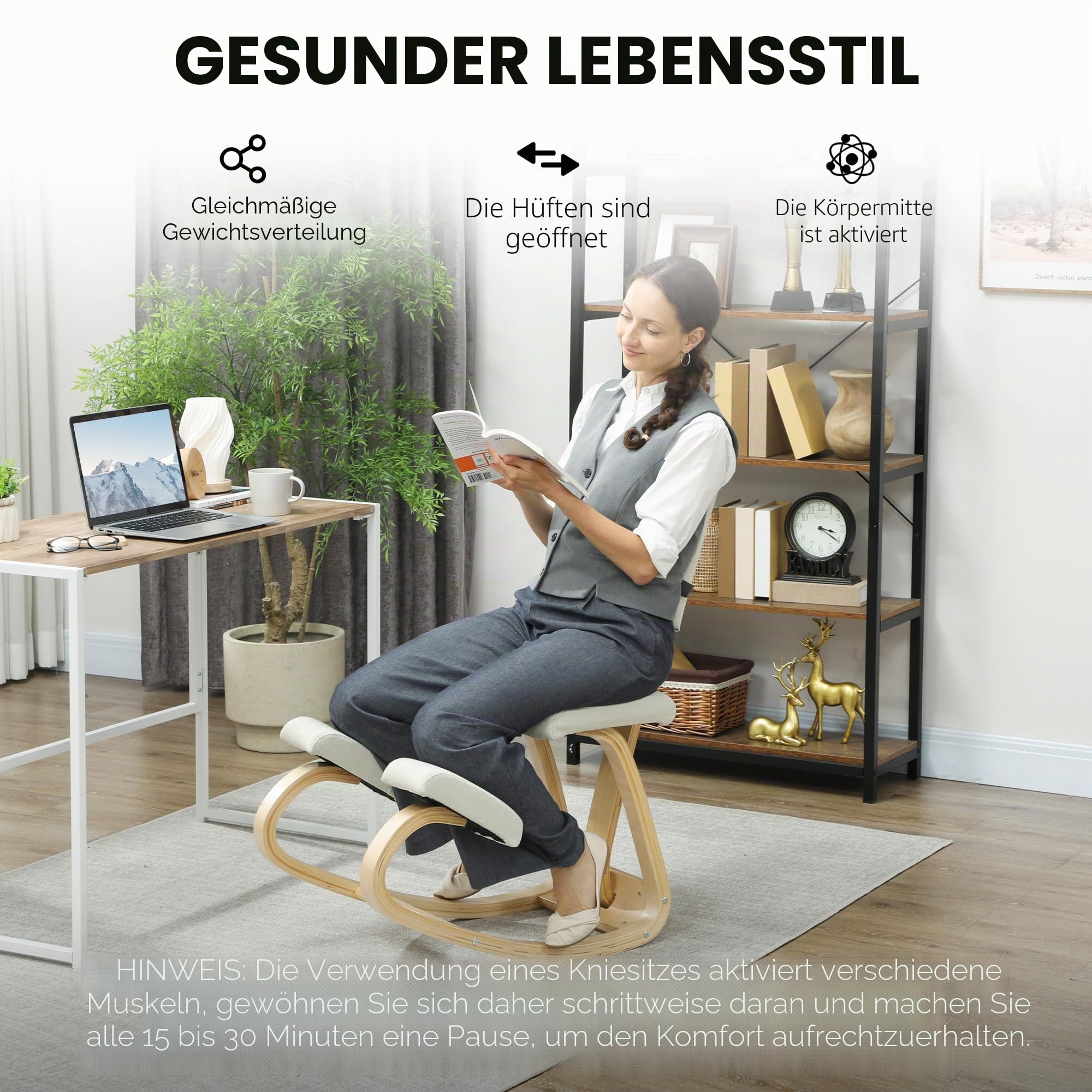 HOMCOM Ergonomischer Kniestuhl mit Rückenlehne, Sitz, Kniesitz mit Wippe, ergonomischer Hocker aus Holz, orthopädischer Bürohocker, Haltungskorrektor, lindert Rückenschmerzen, Creme