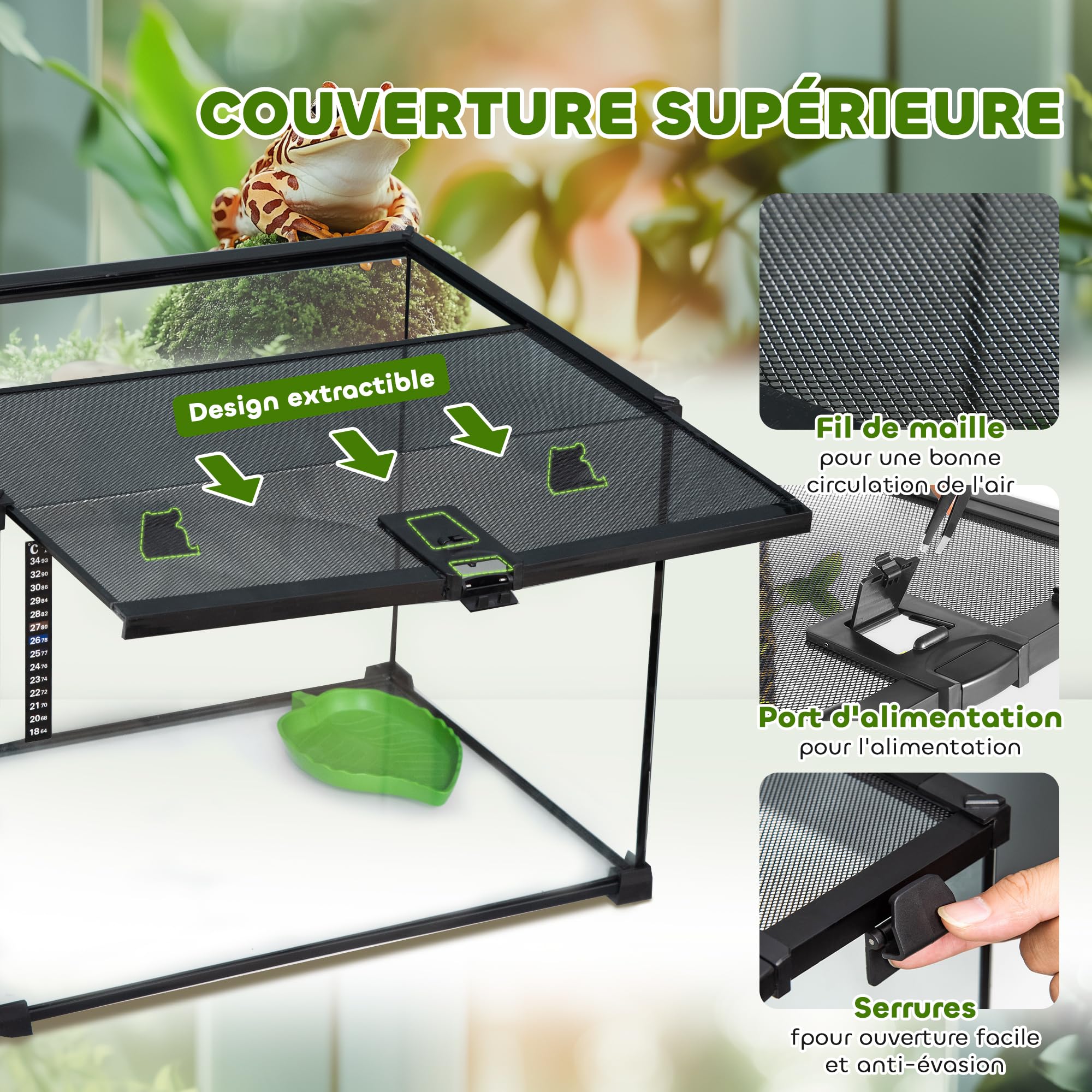 PawHut Caja de Reptiles para Reptiles, terrario, Transparente, Tapa Deslizante, Rejilla metálica, dispensador de Agua, termómetro, Incluye Cristal, Metal, 50 x 30 x 35 cm, Color Negro