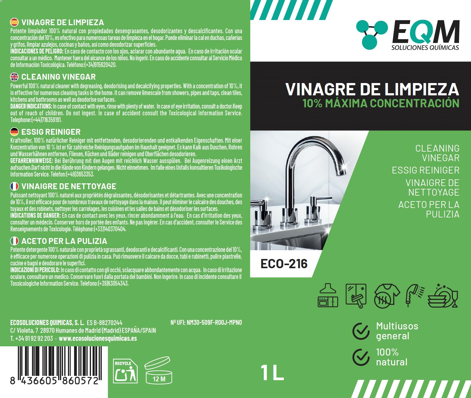 Vinagre de Limpieza Concentrado 1L 10º Acidez 100% Natural Limpiador Multiusos Hogar
