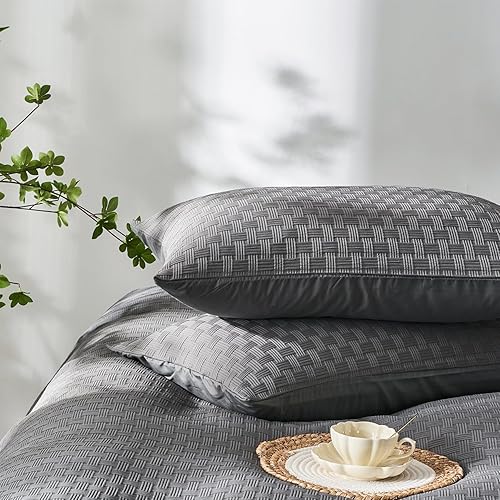 Miniatura 4 de Senville Juego de funda de edredón gris tamaño King, funda de edredón tamaño King, 3 piezas, suave y transpirable, texturizada, con cierre de