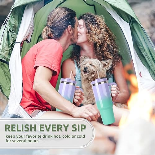 Miniatura 5 de Vaso aislado al vacío 2.0 reutilizable de 40 onzas con asa, con tapa y pajillas, mantiene el calor frío y el hielo durante horas (verde maronda)