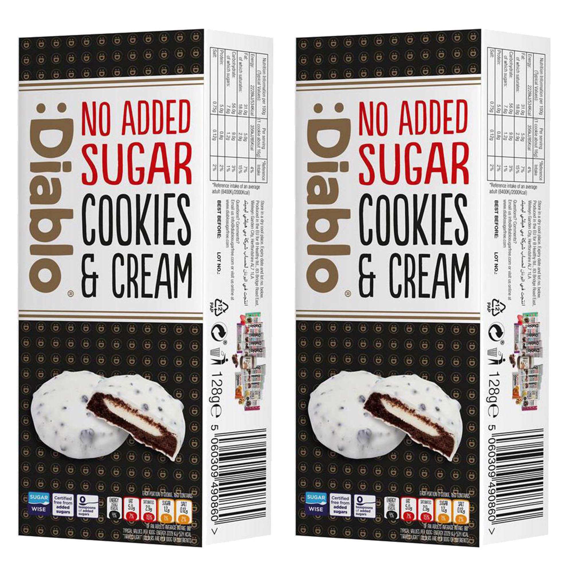 Diablo No Added Sugar Dark Cookies & Cream with Milk Cream Filling Covered in White Glaze – No Added Sugar Biscuits Snacks for All, Sweet Treats Sweetened with Maltitol, 128g (Pack of 2)