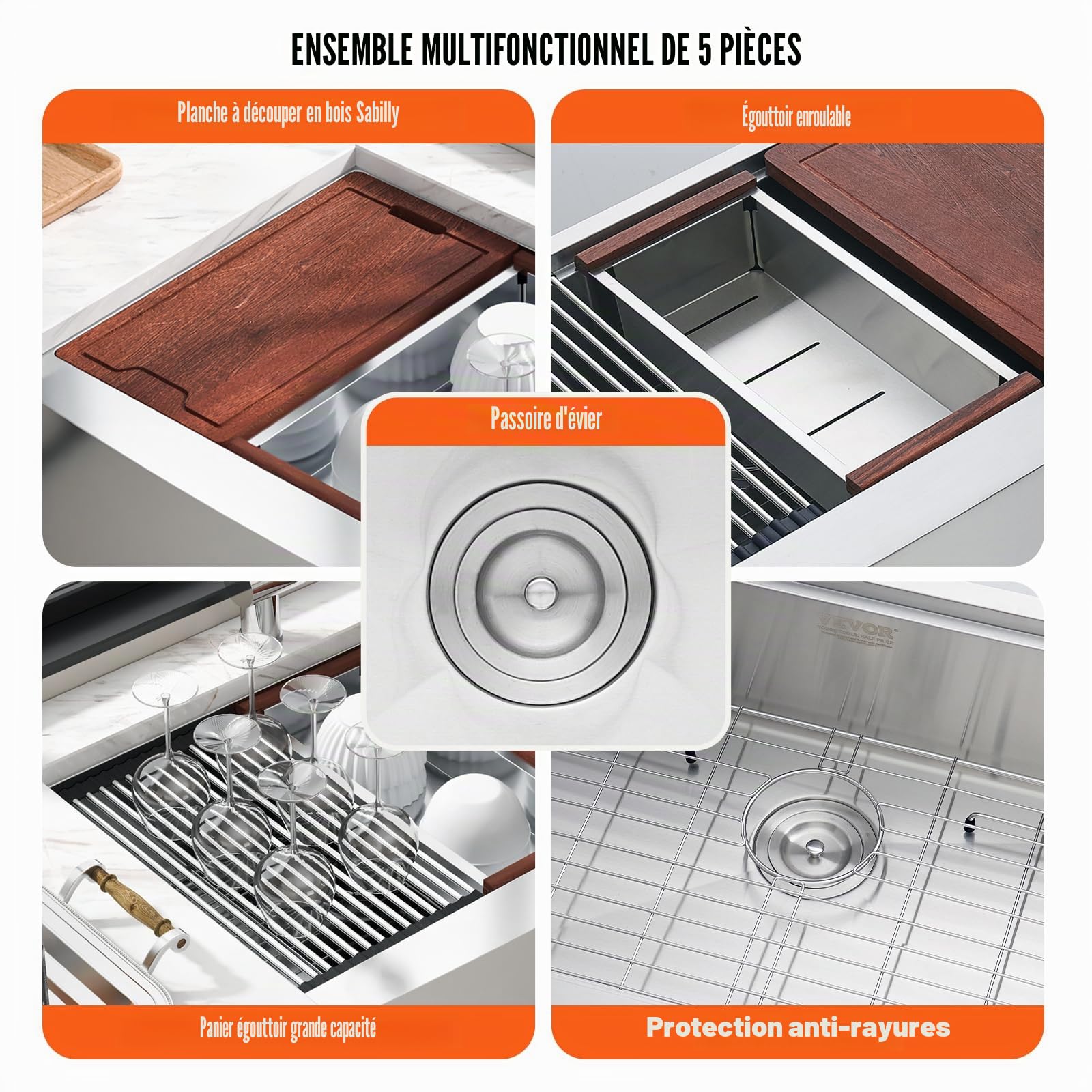VEVOR Évier Cuisine de Style Campagnard Évier à Encastrer en Acier Inoxydable 304 Une Cuve avec Planche à Découper Égouttoir Filtre Drainage Rapide pour Préparation Cuisine Maison 91 x 56 x 23 cm
