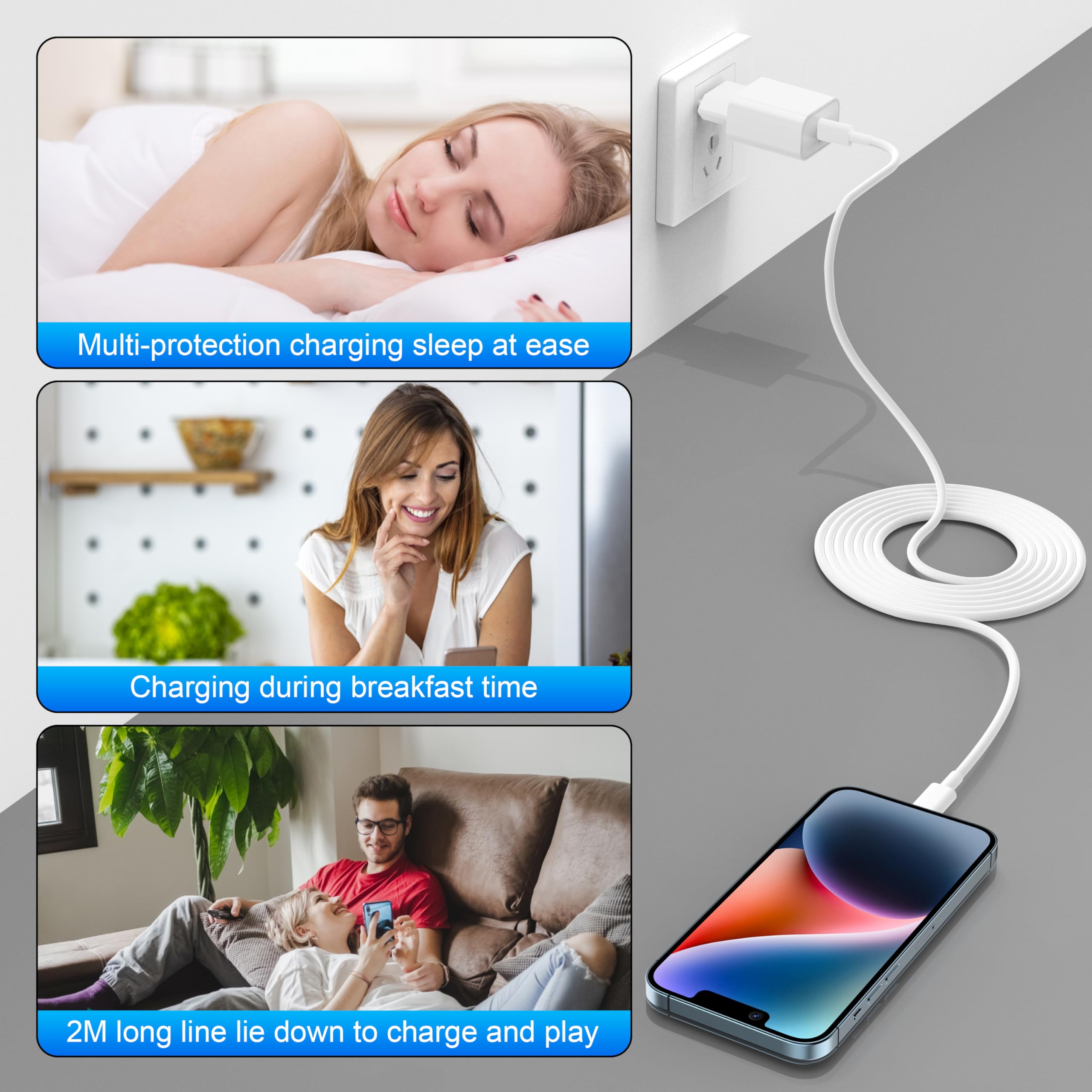 Chargeur rapide pour iPhone avec câble de charge, câble de charge rapide pour iPhone 2 m avec adaptateur USB C de 20 W pour Apple iPhone 14 Plus/13 Pro/13 Pro Max/12/11/SE/XS/8/7/6/iPad