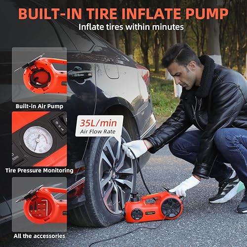 Miniatura 4 de EFFIROSO Kit de gato eléctrico para automóvil de 5 toneladas y 12 V hidráulico para piso con llave de impacto, bomba infladora de neumáticos para