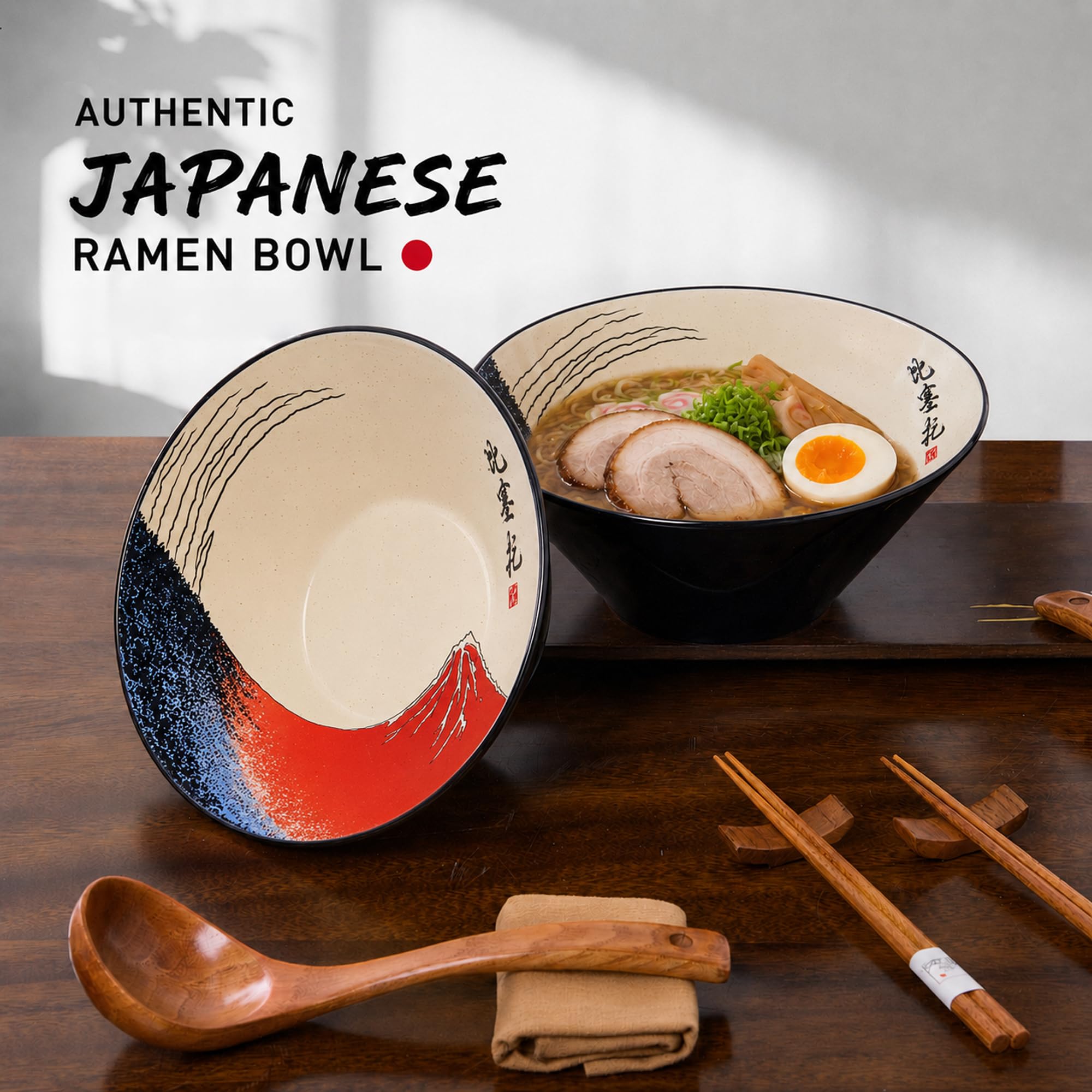BICETTO Juego de cuencos japoneses para ramen con diseño Fuji rojo, cuencos grandes de cerámica de 60 onzas, cucharas, palillos para ramen, ensalada, poke, regalo premium para los amantes del ramen,