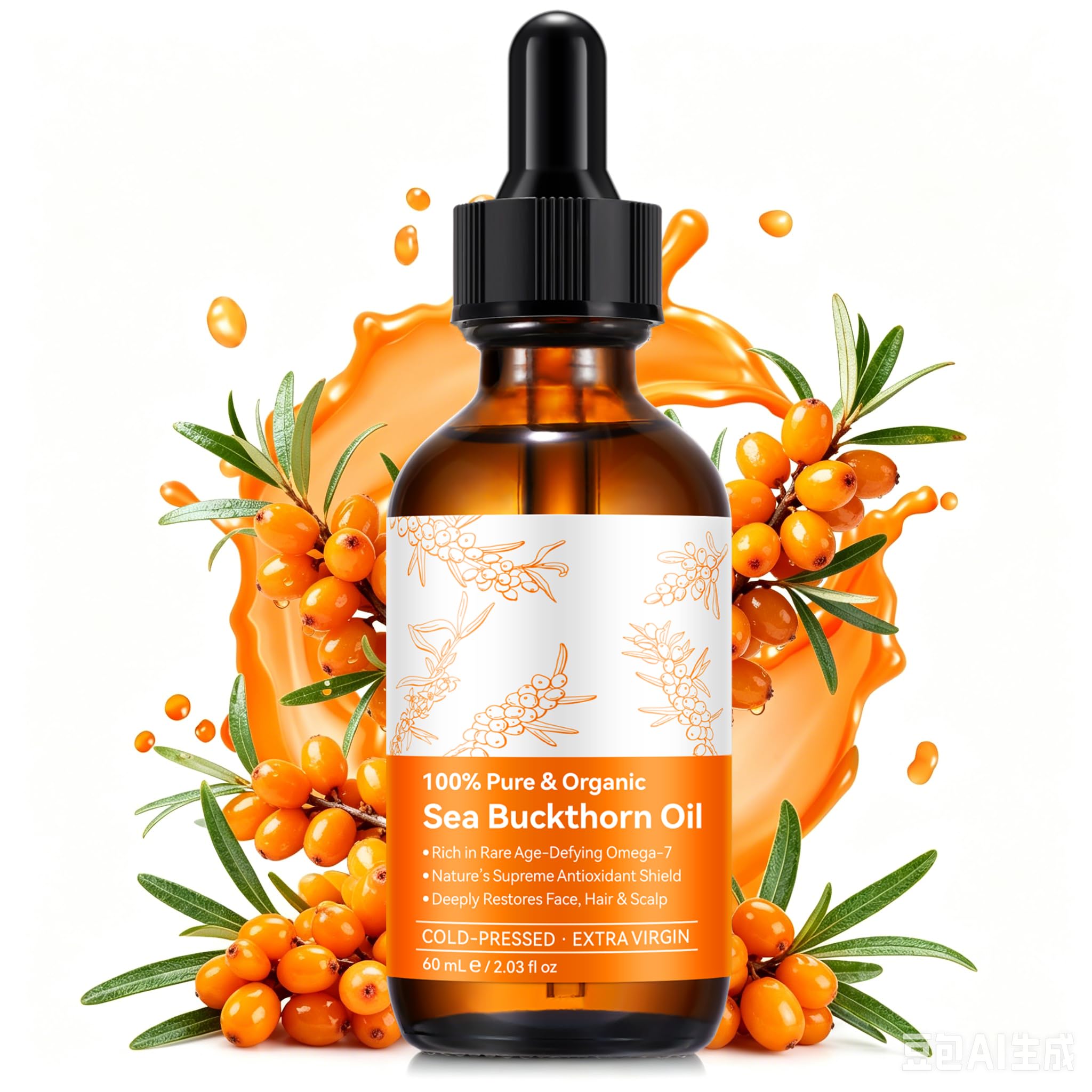 Sanddornöl Bio, kaltgepresstes Sanddornöl Sea Buckthorn Samenöl, 60ml | Reich an Omega-7 mit Omega-3, 6 & 9, für Gesicht, Haut, Haare & Nägel, Unterstützt strahlende, jugendlich aussehende Haut