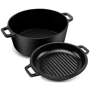Kichly 2 in 1 Forno Olandese In Ghisa Pre - Stagionato Con Coperchio / Griglia A Doppia funzione – Cuocere Al Forno Friggere Arrostire Stufare E Grigliare – Cucina Interna Ed Esterna