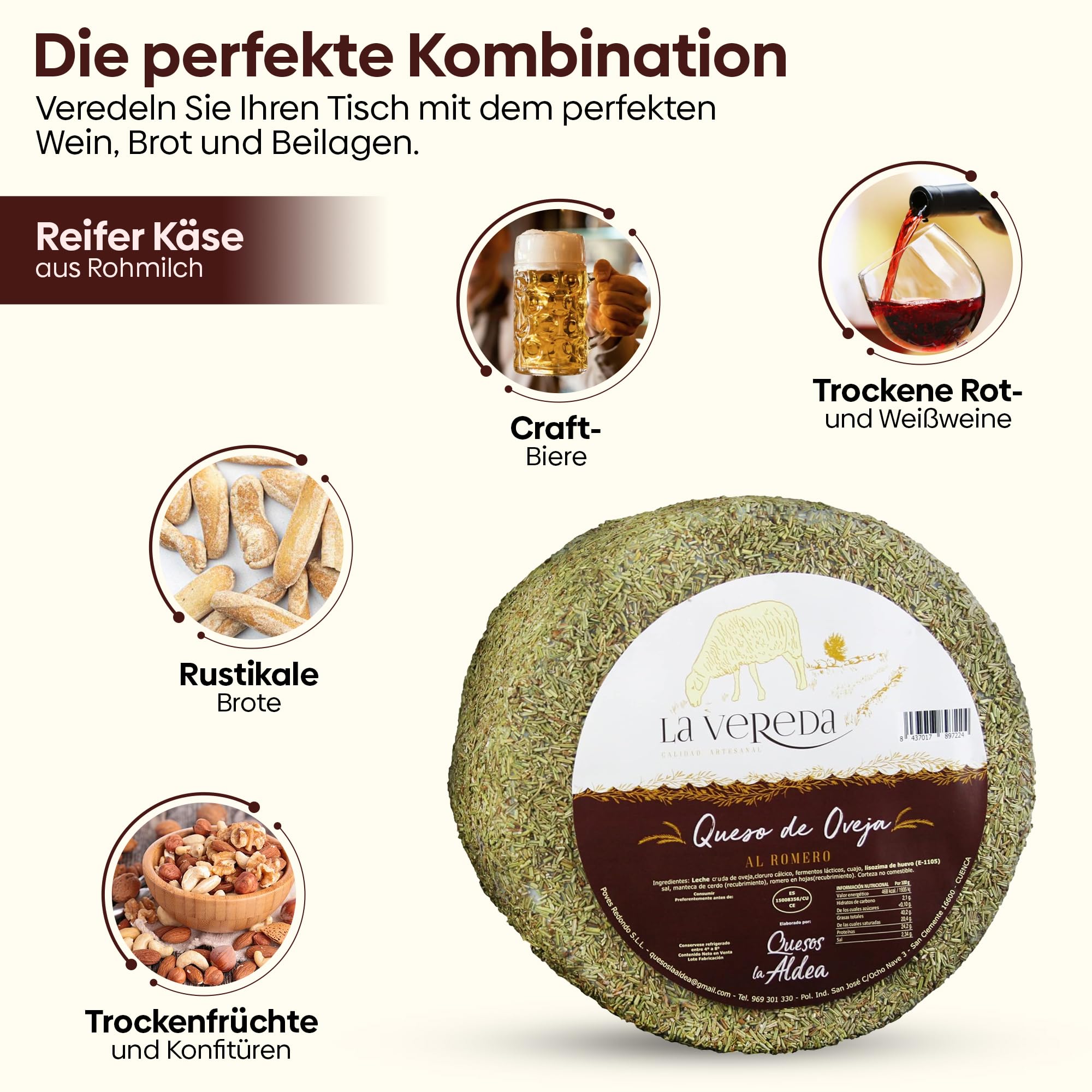 Käse La Aldea Artesano | Gereifter Schafskäse mit Rosmarin 1,5 kg | 6 Monate gereift | Käse aus Rohmilch in handwerklicher Qualität Gourmetkäse zum Verschenken und Geschenkkorb mit Gourmetkäse