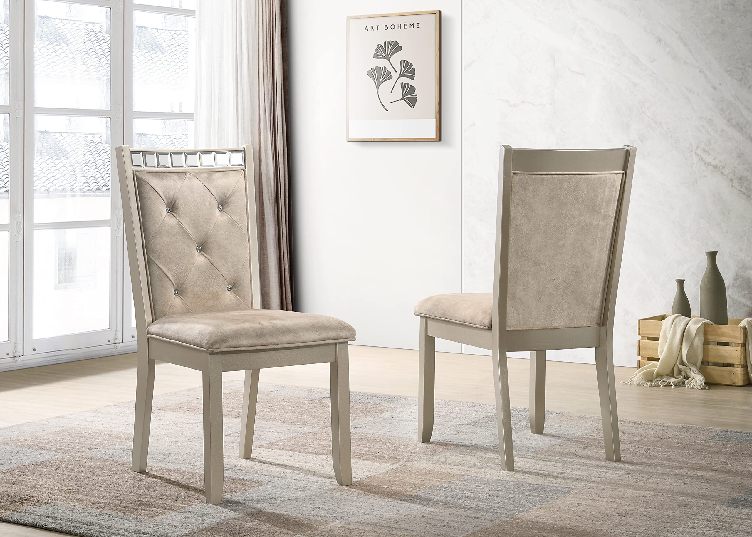 GTU FurnitureSet of 2 Wood Armless Kitchen Tufted Back Upholstered Dining Chairs Luxurious Button Style with Champagne Color