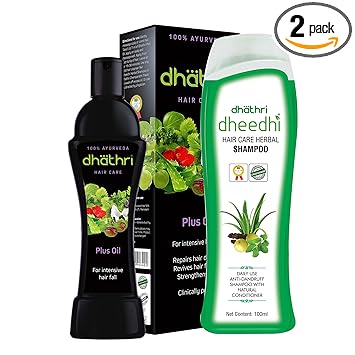 Dhathri Hair Care Plus Herbal Oil | Ayurvedic hair oil for intense hair fall problems - 100ml & Dheedhi Daily Herbal Shampoo | Mild Shampoo for daily use - 100ml