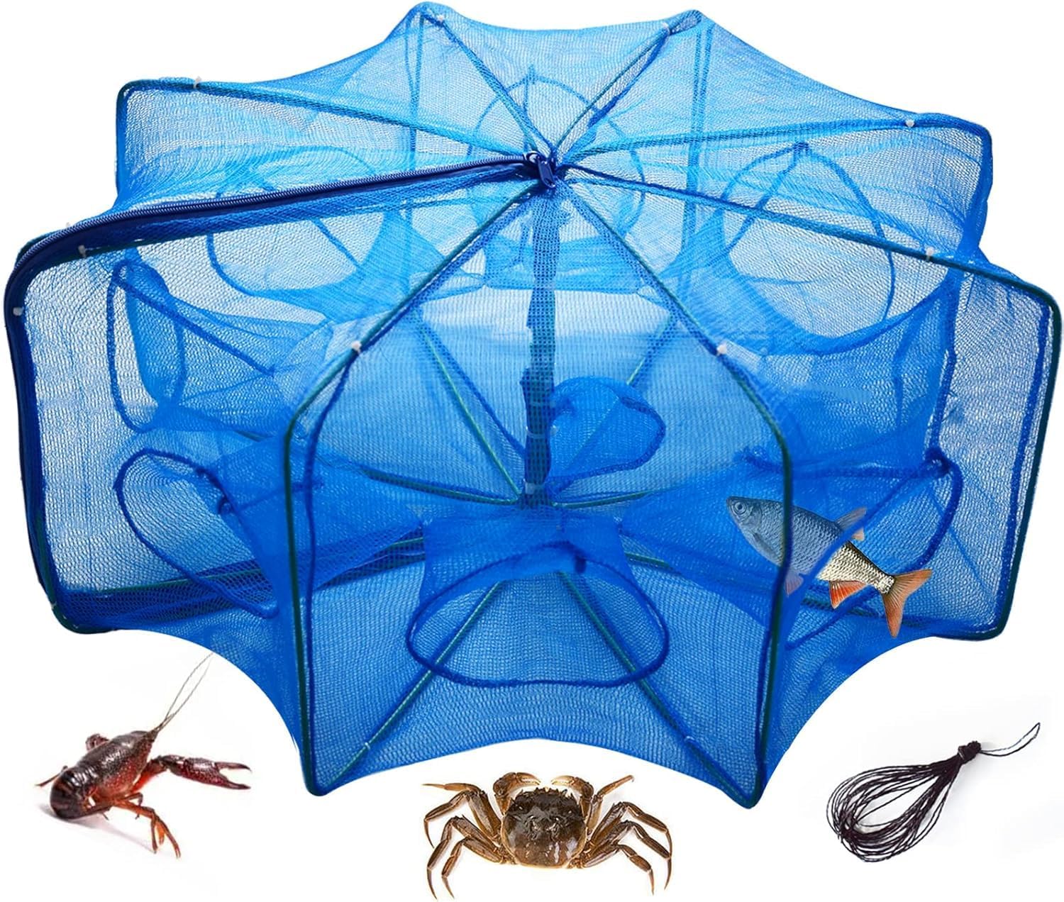 Portable Fishing Bait Trap, Folded Fishing Net Collapsible Net Cast Cage with Zipper, Trap Cast Net Dip Cage, Octagonal Fishing Net Cage for Minnows, Lobster, Crawfish, Shrimp etc