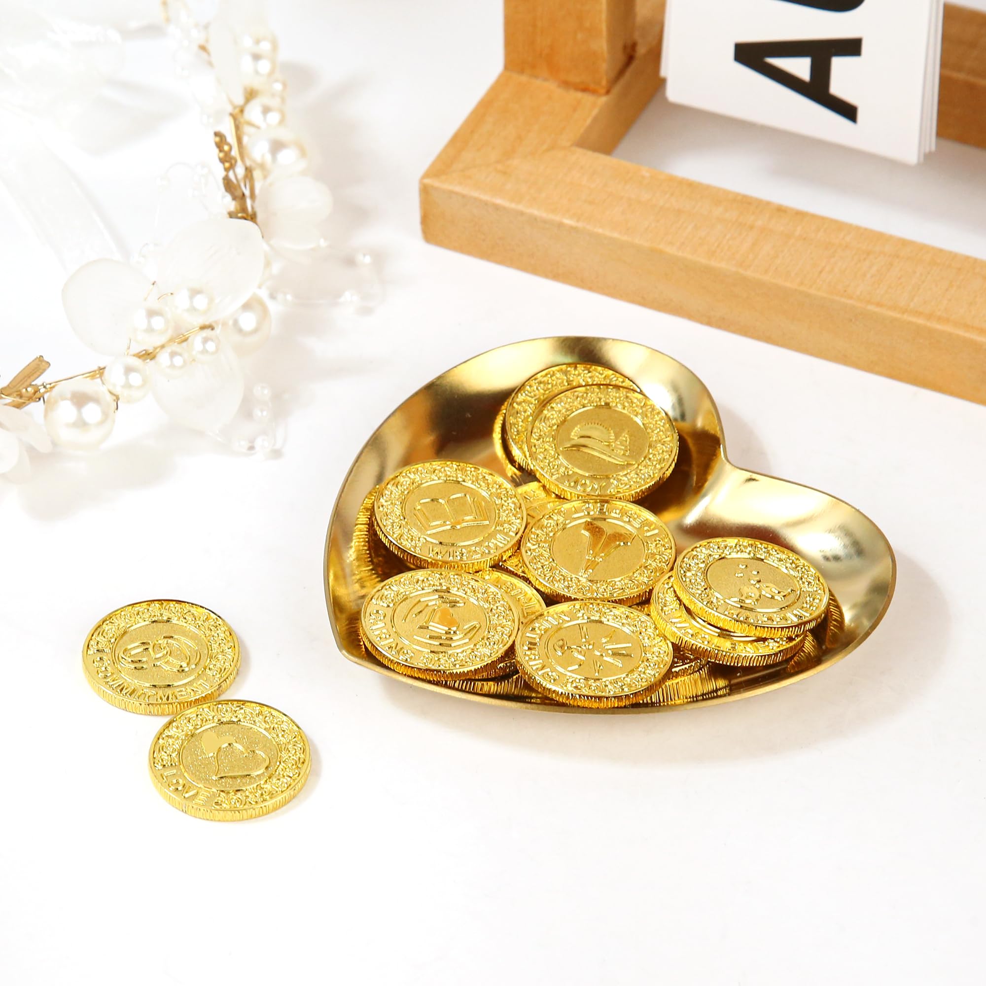 TINGKU Arras de boda en inglés – Arras para Boda Católica, Arras de Boda Cristiana con 13 monedas de bendición, Arras de boda cristiana, Decoración para Bodas, Caja de cuero-Monedas de Oro PLD